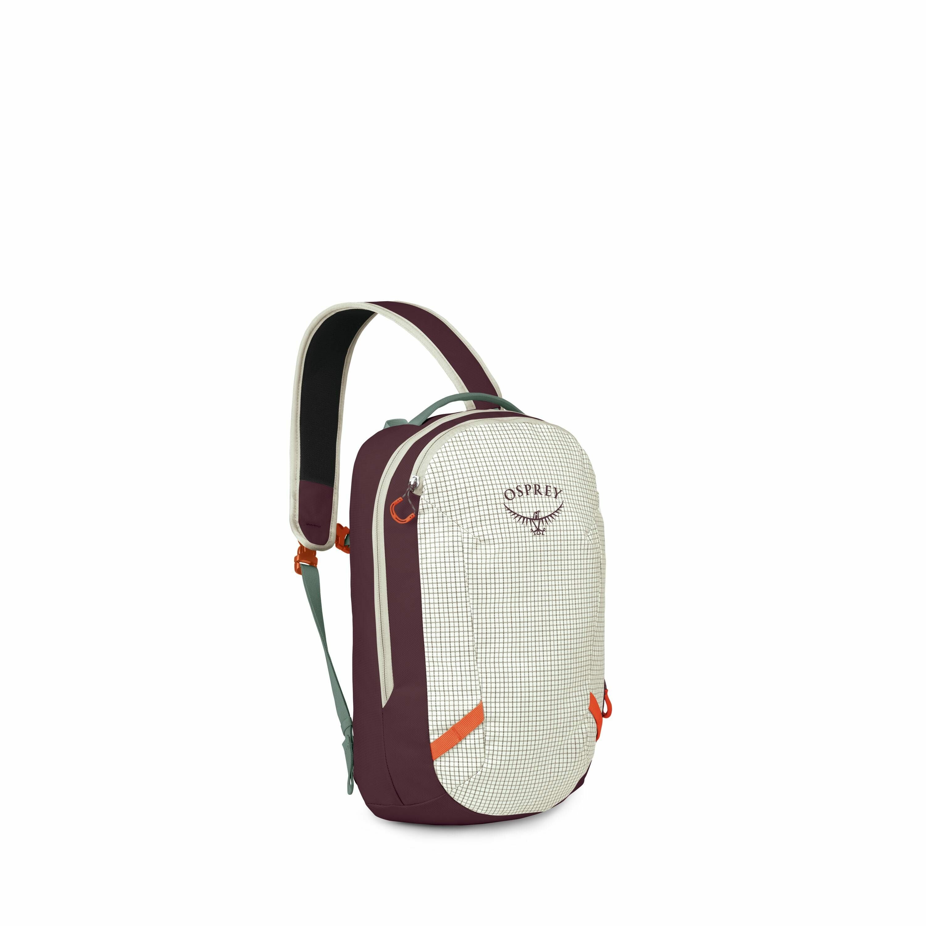 The image features an Osprey backpack with a modern design and a color scheme of maroon, cream, and orange accents. The backpack has a checkered pattern on the front panel and is equipped with a sturdy-looking handle and a single padded shoulder strap tha