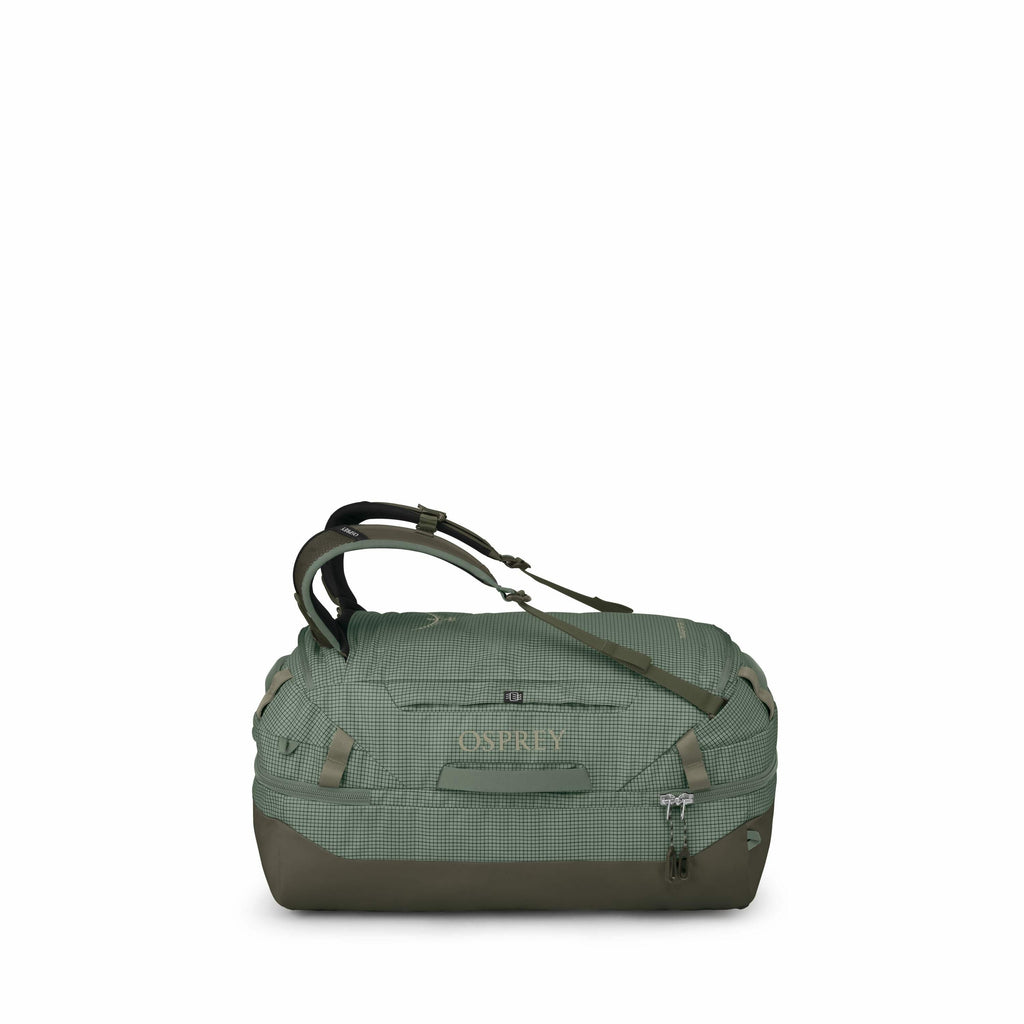 The image features a series of green duffel bags of varying sizes, each labeled with the brand name "Osprey" on the side. The duffel bags appear to be made of durable material and are designed for travel or outdoor use. They have handles for easy carrying