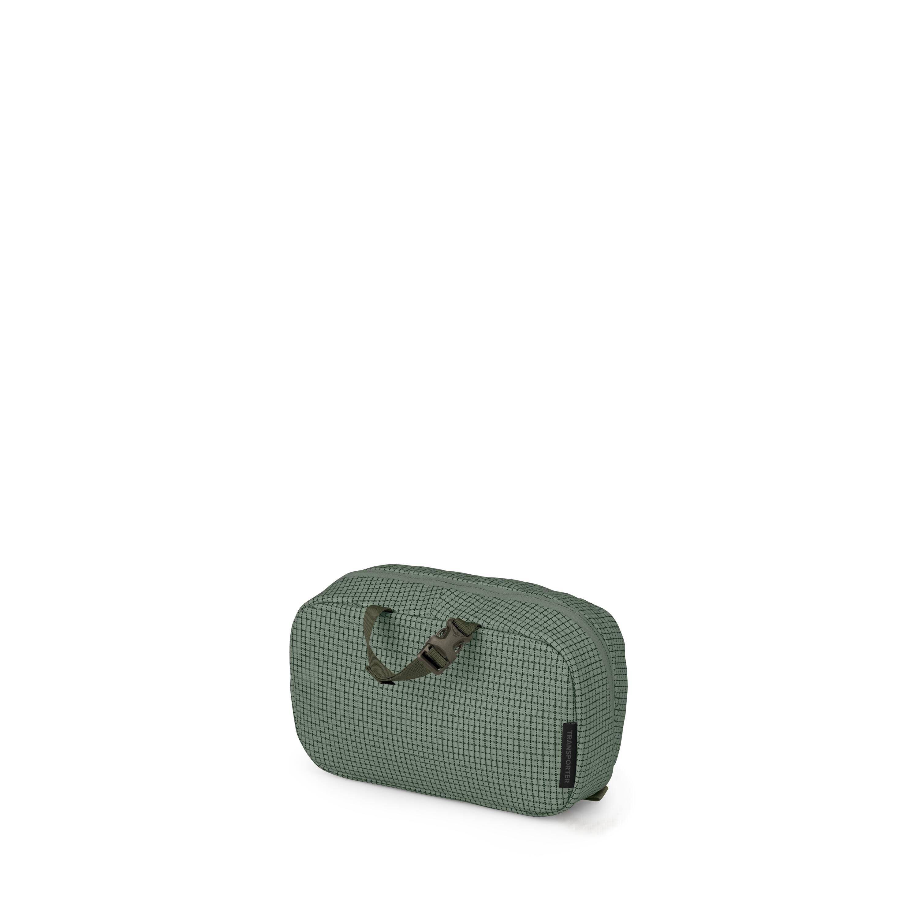 A small, rectangular travel pouch in green with a subtle grid pattern is shown against a white background. It has rounded corners, a zipper closure along the top, and a short webbing handle with a plastic buckle on the front. One variant shows the handle