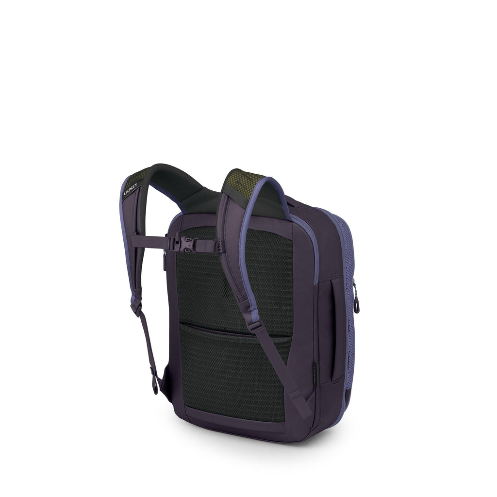 A modern backpack is shown from a rear three-quarter view against a white background. It features padded, breathable mesh back panels and contoured shoulder straps with an adjustable sternum strap. The bag has a rectangular shape with a full-zip main comp
