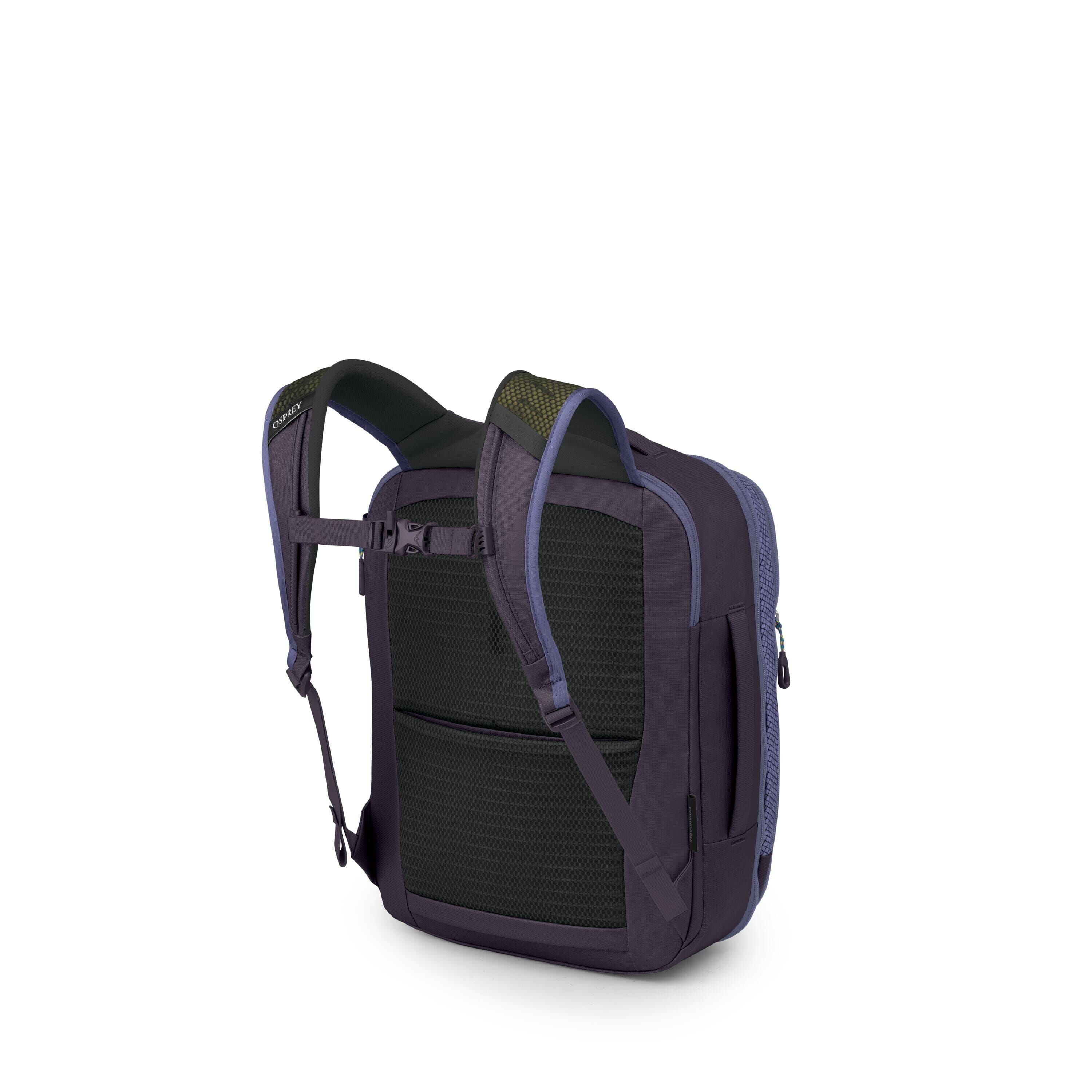 A modern backpack is shown from a rear three-quarter view against a white background. It features padded, breathable mesh back panels and contoured shoulder straps with an adjustable sternum strap. The bag has a rectangular shape with a full-zip main comp