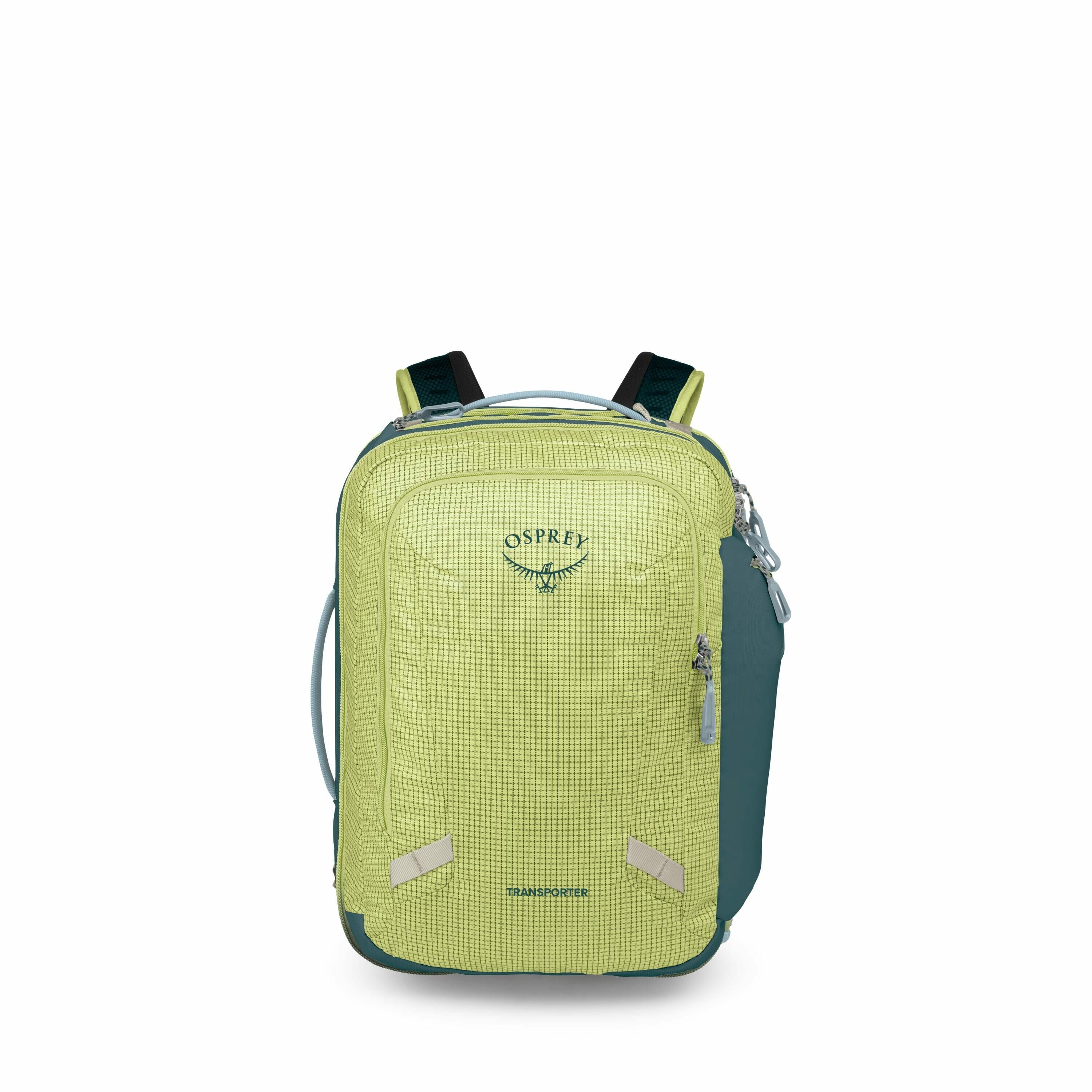The image showcases an Osprey Transporter backpack with a grid pattern in a vibrant light green color. The Osprey logo, featuring a bird design, is prominently displayed on the front of the backpack. The side panels and some details, like zippers and stra