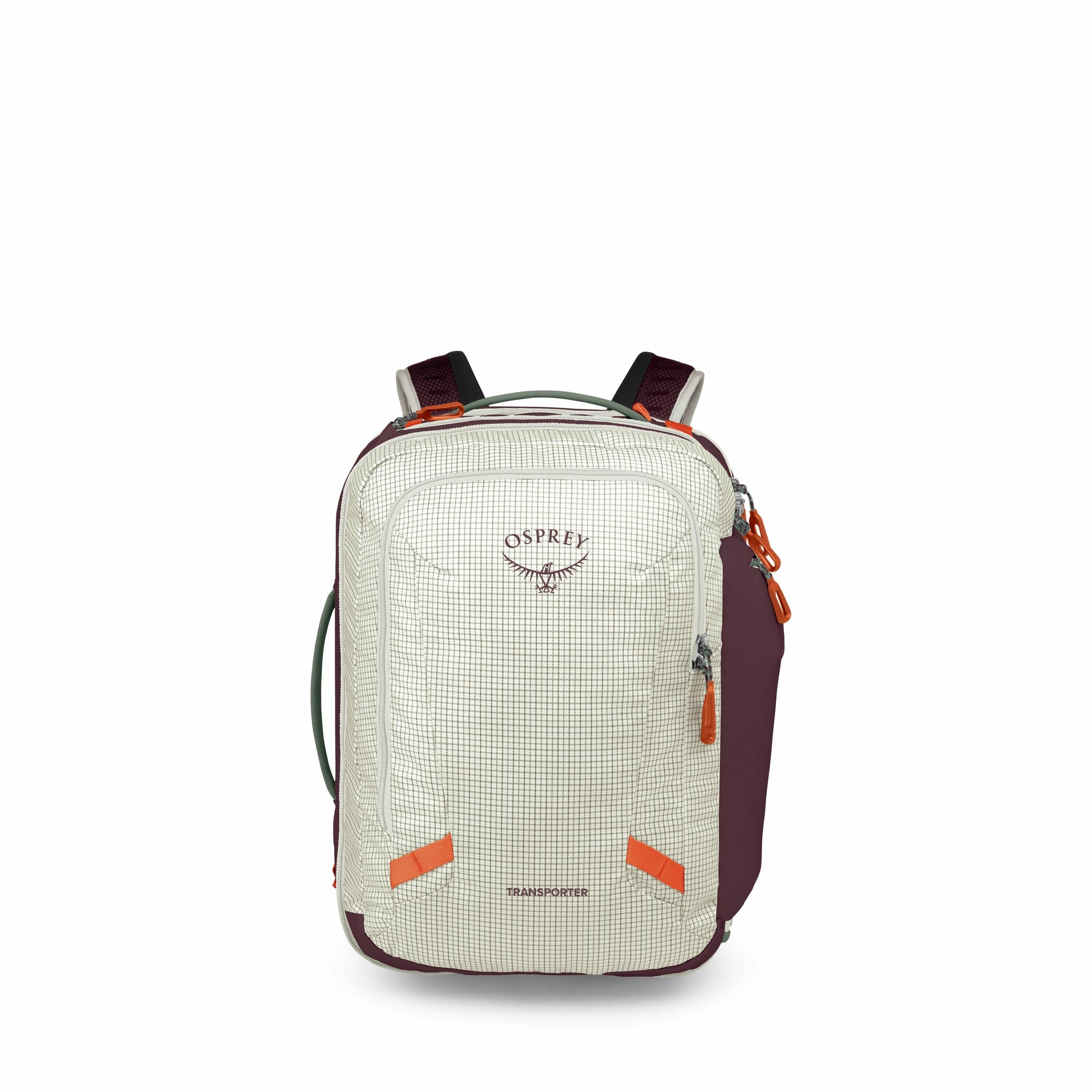 The image showcases an Osprey backpack, part of the Transporter series, displayed from a front view. The backpack has a white grid pattern with bold orange zipper pulls and accents, combined with maroon or dark purple side panels and straps. The Osprey lo