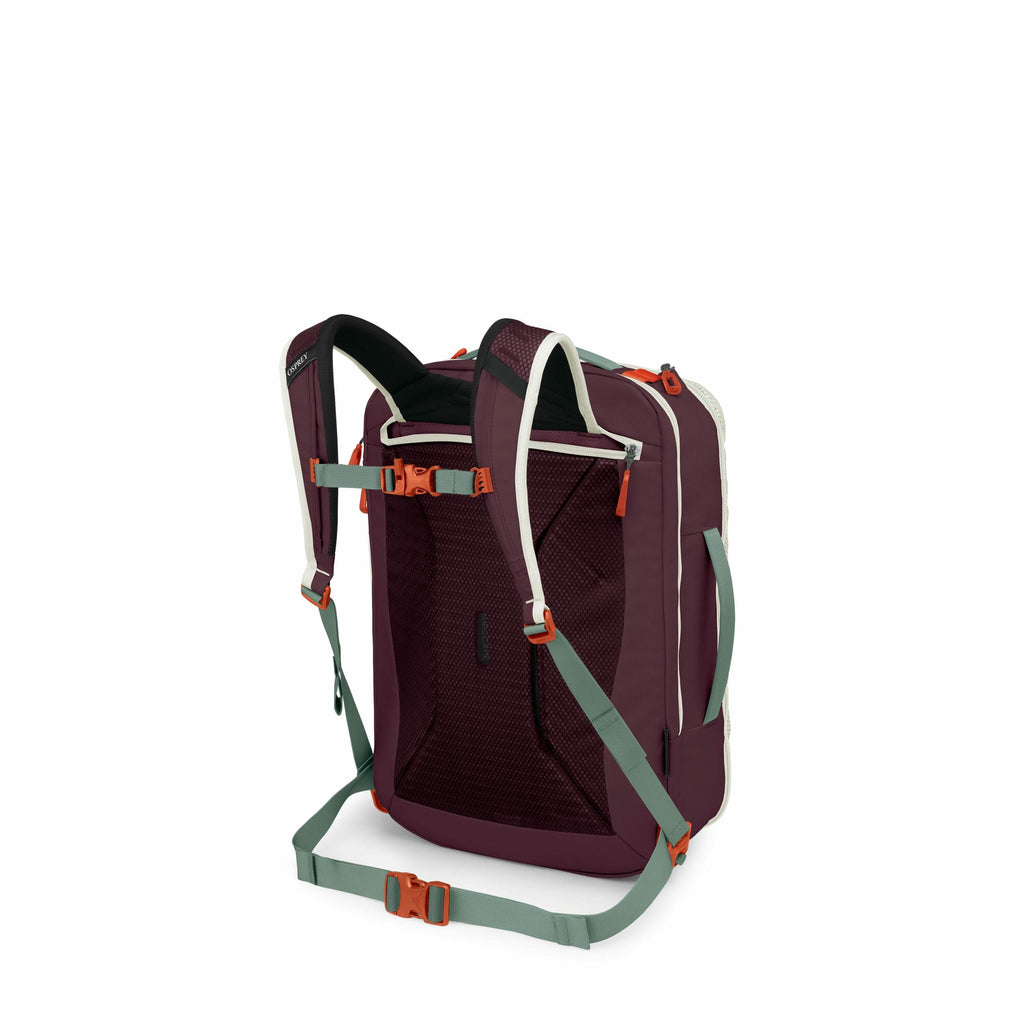The image features a backpack shown from the back, highlighting its strap and support system. The backpack has a predominantly purple color with white and light green accents, including the shoulder straps and the back panel. There are bright orange buckl