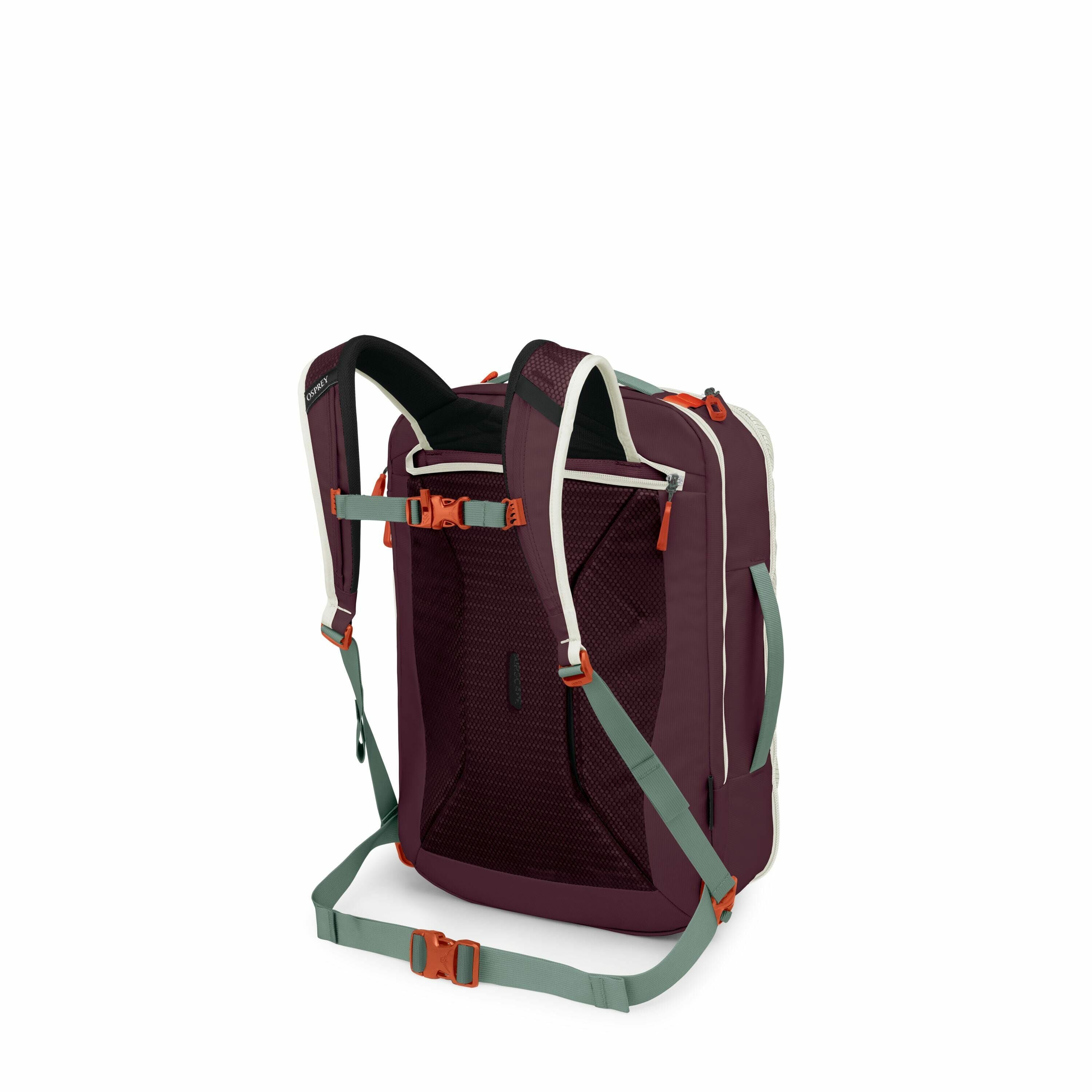 The image features a backpack shown from the back, highlighting its strap and support system. The backpack has a predominantly purple color with white and light green accents, including the shoulder straps and the back panel. There are bright orange buckl
