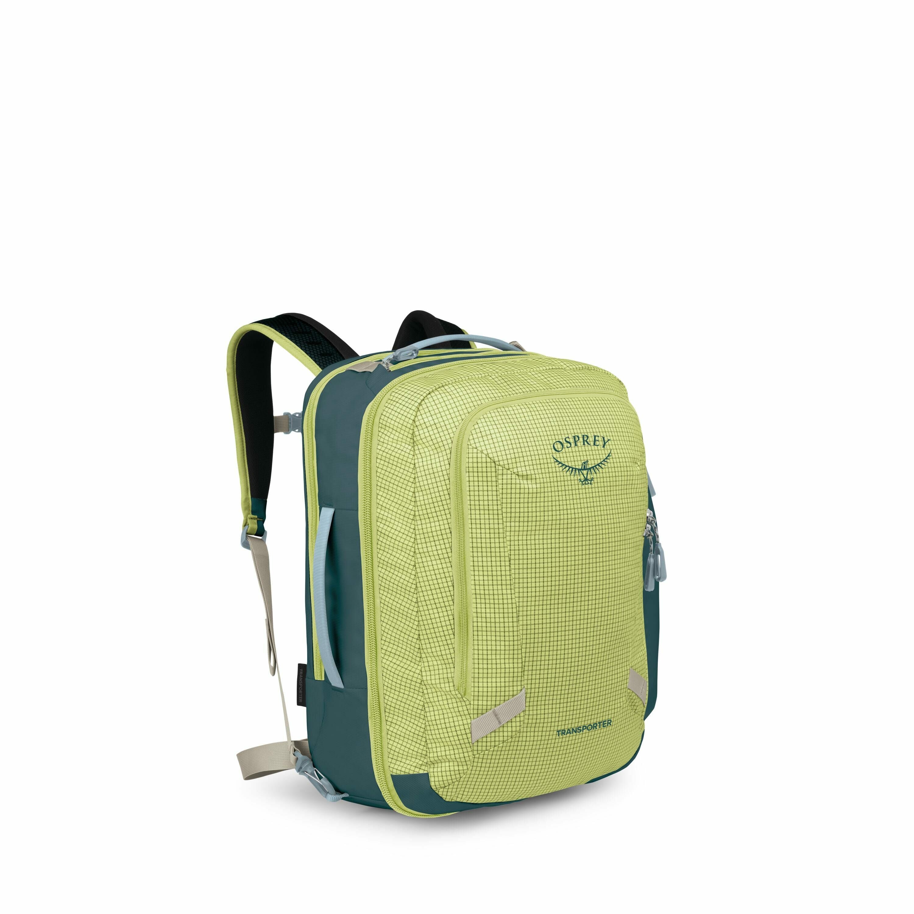 The image displays a vibrant Osprey backpack in a lively lime green color, accented with darker green sections. The front of the backpack prominently features the Osprey logo and the model name "Transporter." This backpack has a checkered pattern