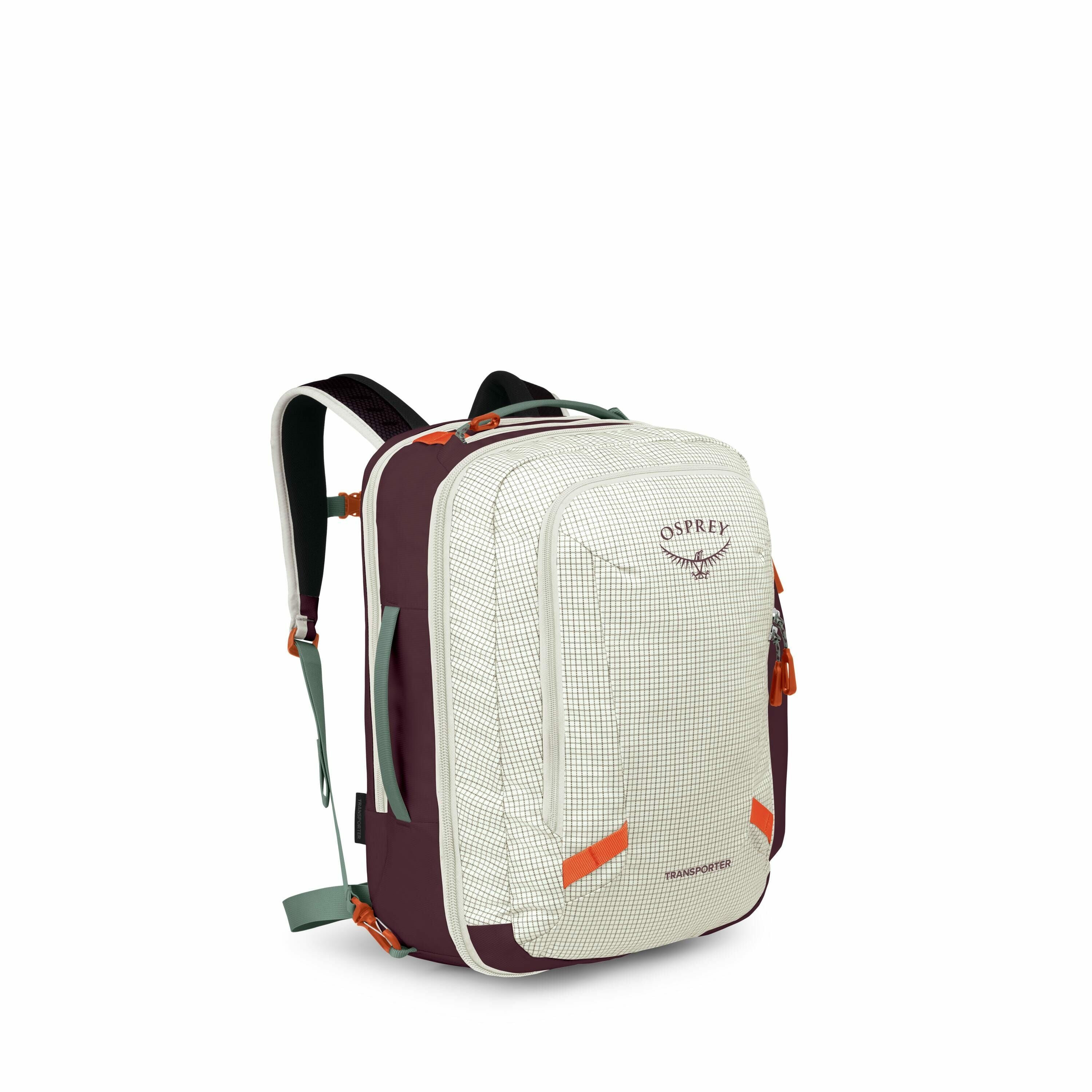 The image showcases an Osprey Transporter backpack with a stylish and modern design. The backpack features a contrasting color scheme with a light grid pattern on the front and a dark burgundy color on the sides and back. Orange accents are strategically