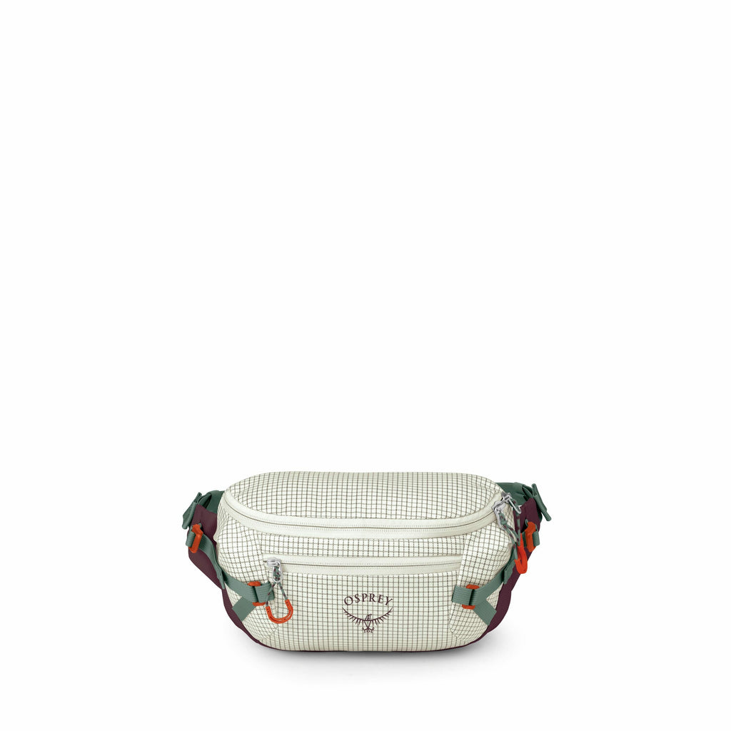 The images showcase a small, lightweight waist pack from Osprey, a brand known for outdoor gear. The pack features a checkered pattern in light green and white, with dark green and maroon accents on the straps and sides. Notable details include the Osprey