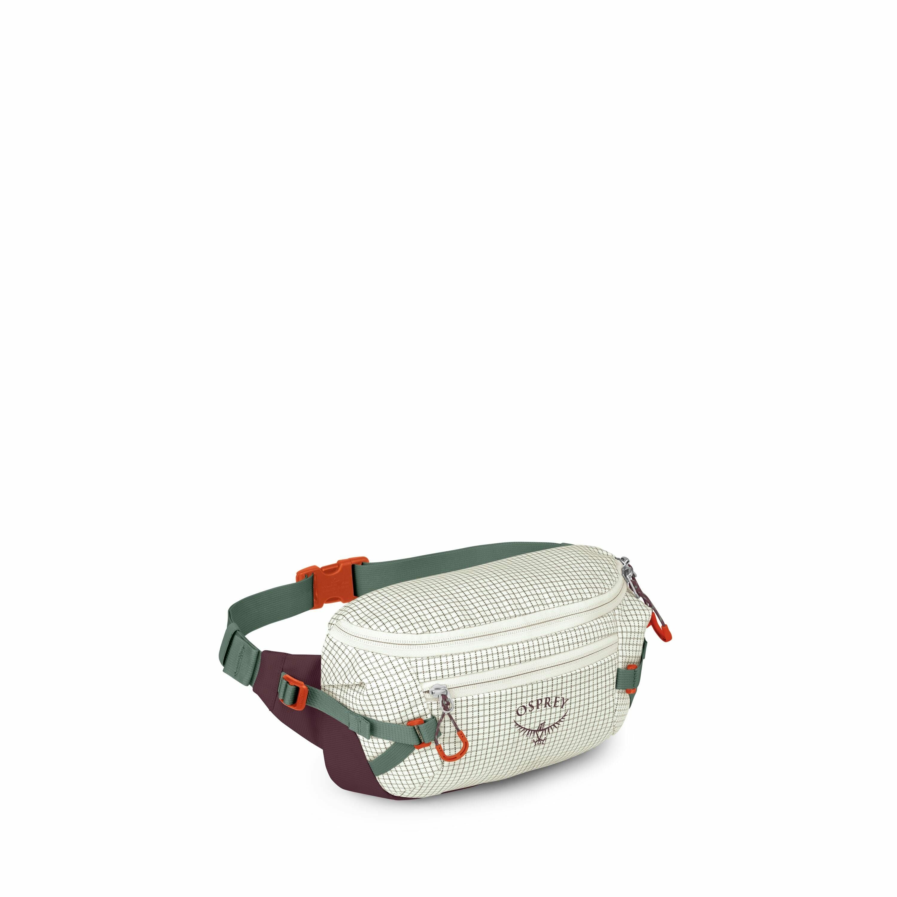 The image shows a small, outdoor-style waist pack, commonly known as a fanny pack or belt bag. The bag features a white grid pattern on a light background and includes various colored elements such as a dark green strap, an orange buckle, and red zipper p