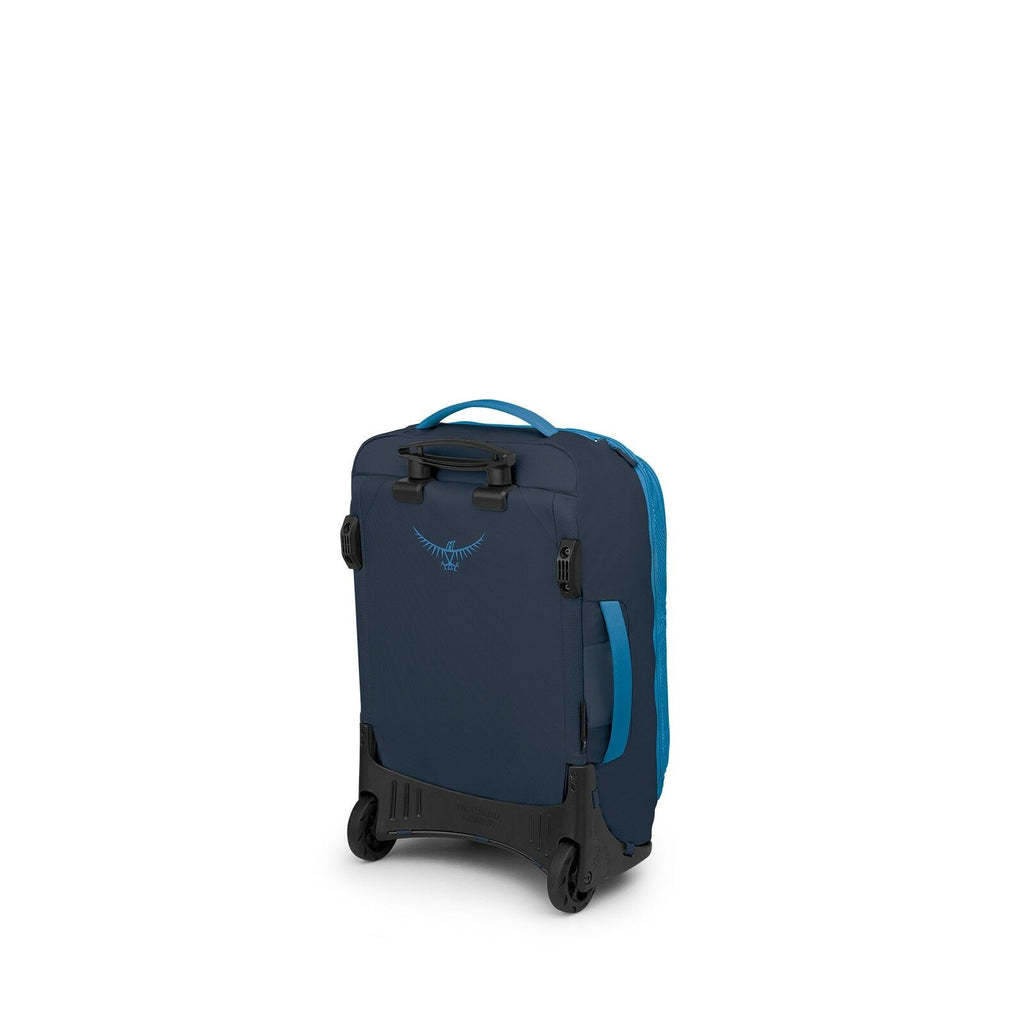 The image shows a compact rolling carry-on suitcase in blue with a rugged black wheel base. It has two inline wheels, protective corner guards, and multiple grab handles on the top and side. The front panel features an Osprey bird logo, and there a