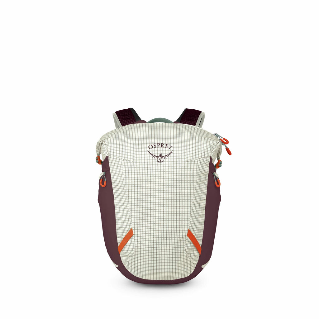 The image features a backpack from the brand Osprey, showcasing a design primarily in a light grid-patterned fabric with accents of maroon and orange. The backpack has the Osprey logo prominently displayed on the front, which consists of the brand name an
