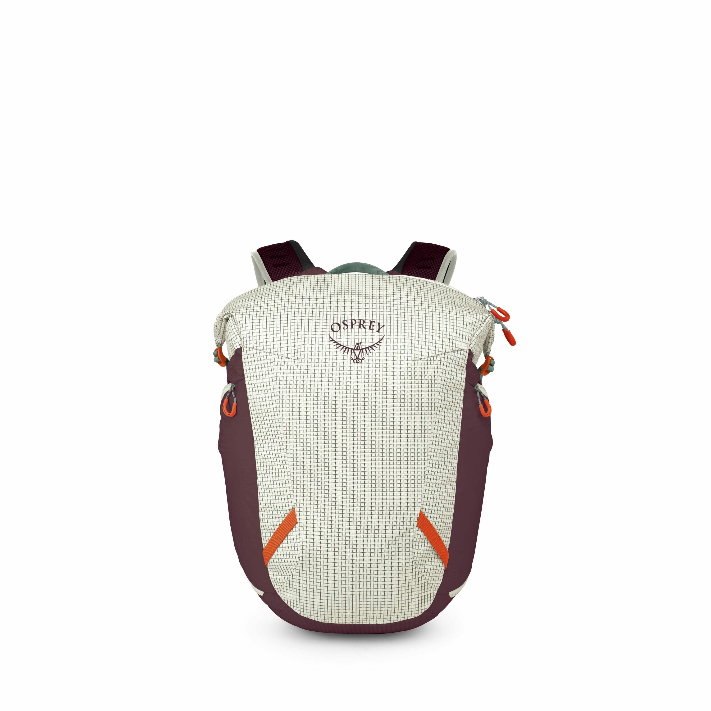 The image features a backpack from the brand Osprey, showcasing a design primarily in a light grid-patterned fabric with accents of maroon and orange. The backpack has the Osprey logo prominently displayed on the front, which consists of the brand name an