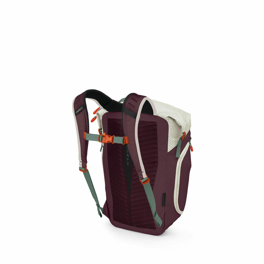 The image showcases a colorful backpack viewed from the back, highlighting its intricate strap system and design. The main body of the backpack is a deep purple, complemented by white and grayish-green straps, along with vibrant orange buckles and zipper
