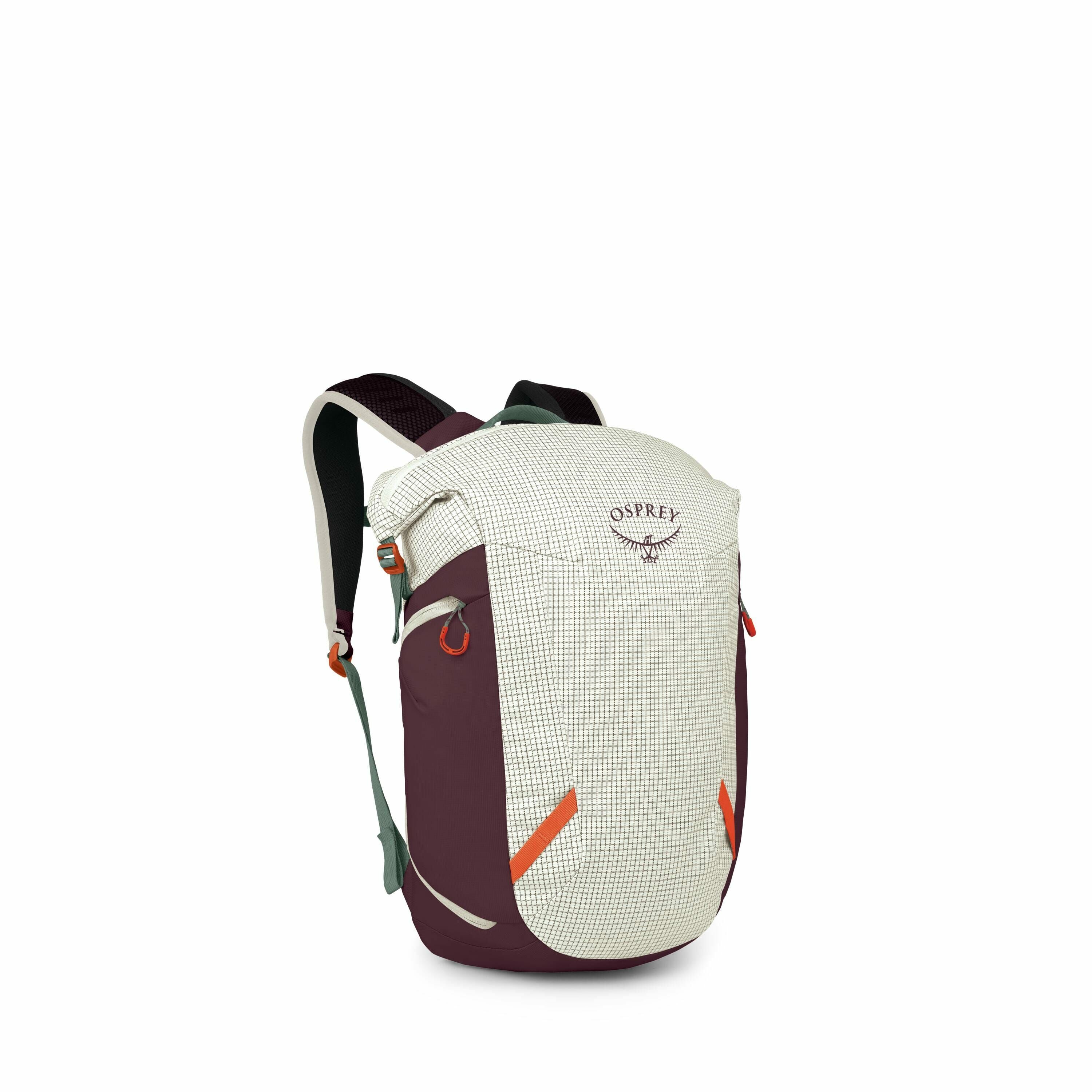 The image showcases a stylish Osprey backpack with a unique design and color palette. The main body of the backpack features a grid-patterned fabric in a light color, contrasting with deep maroon side panels. Bright orange accents and green straps add vib