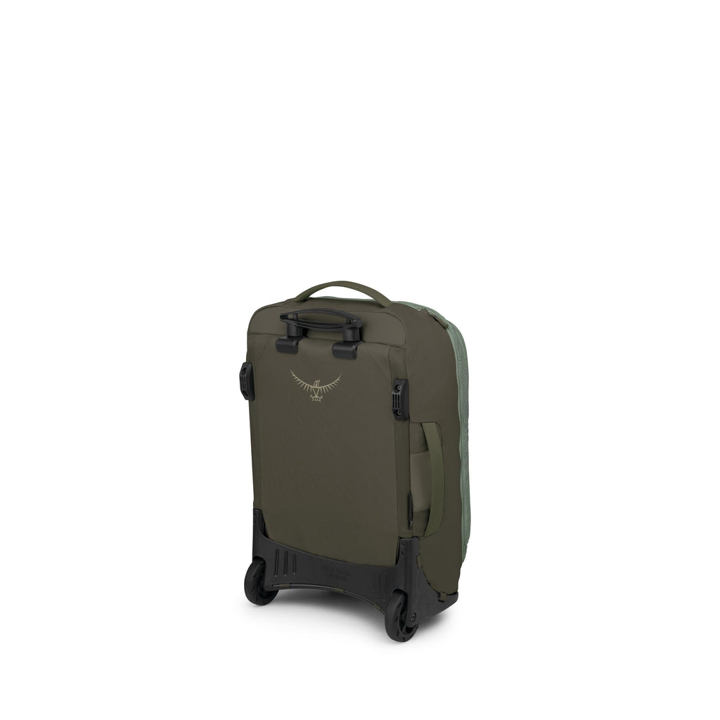 The image shows a compact rolling carry-on suitcase in olive green with a rugged black wheel base. It has two inline wheels, protective corner guards, and multiple grab handles on the top and side. The front panel features an Osprey bird logo, and there a