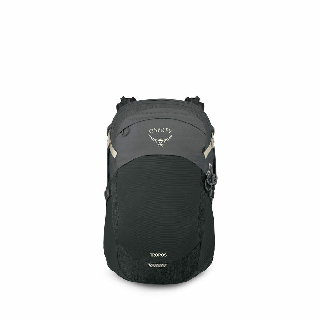 The image features an Osprey Tropos backpack, showcased from various angles. The backpack is predominantly black with a dark gray top and has the Osprey logo prominently displayed in a light color at the top center. The design includes several compartment