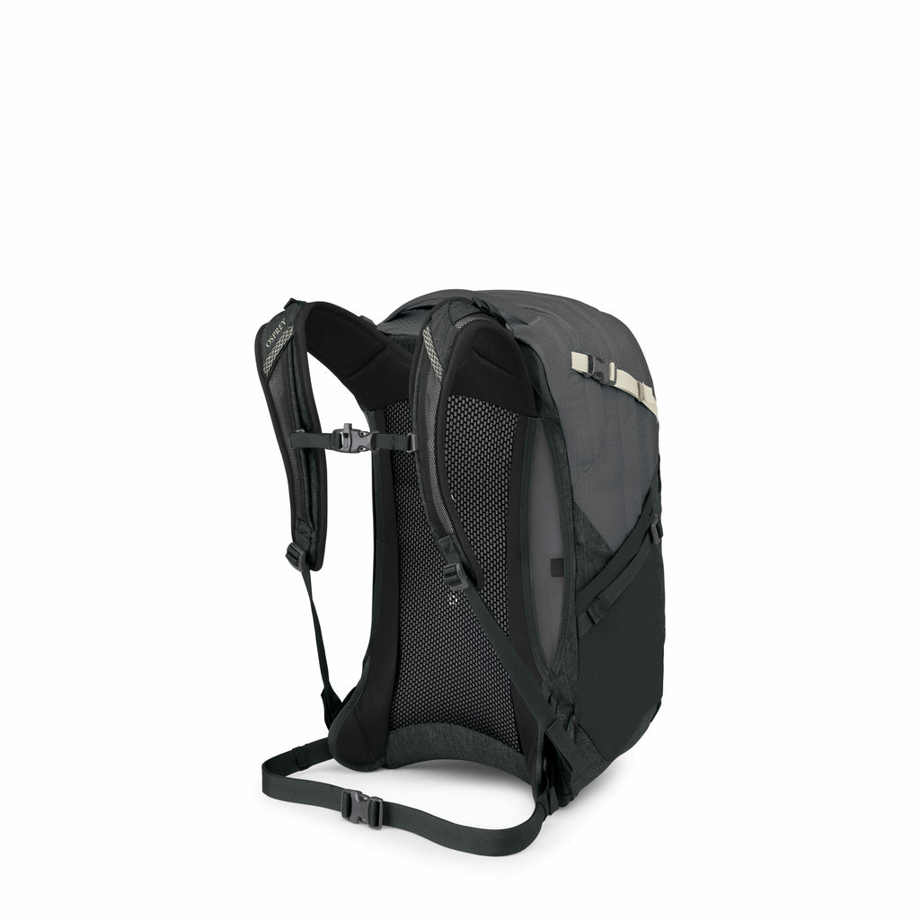 The image showcases a black backpack, designed with ergonomic shoulder straps and a supportive back panel for comfort during wear. The backpack features a mesh fabric along the back panel, likely for breathability, and includes adjustable straps at the sh