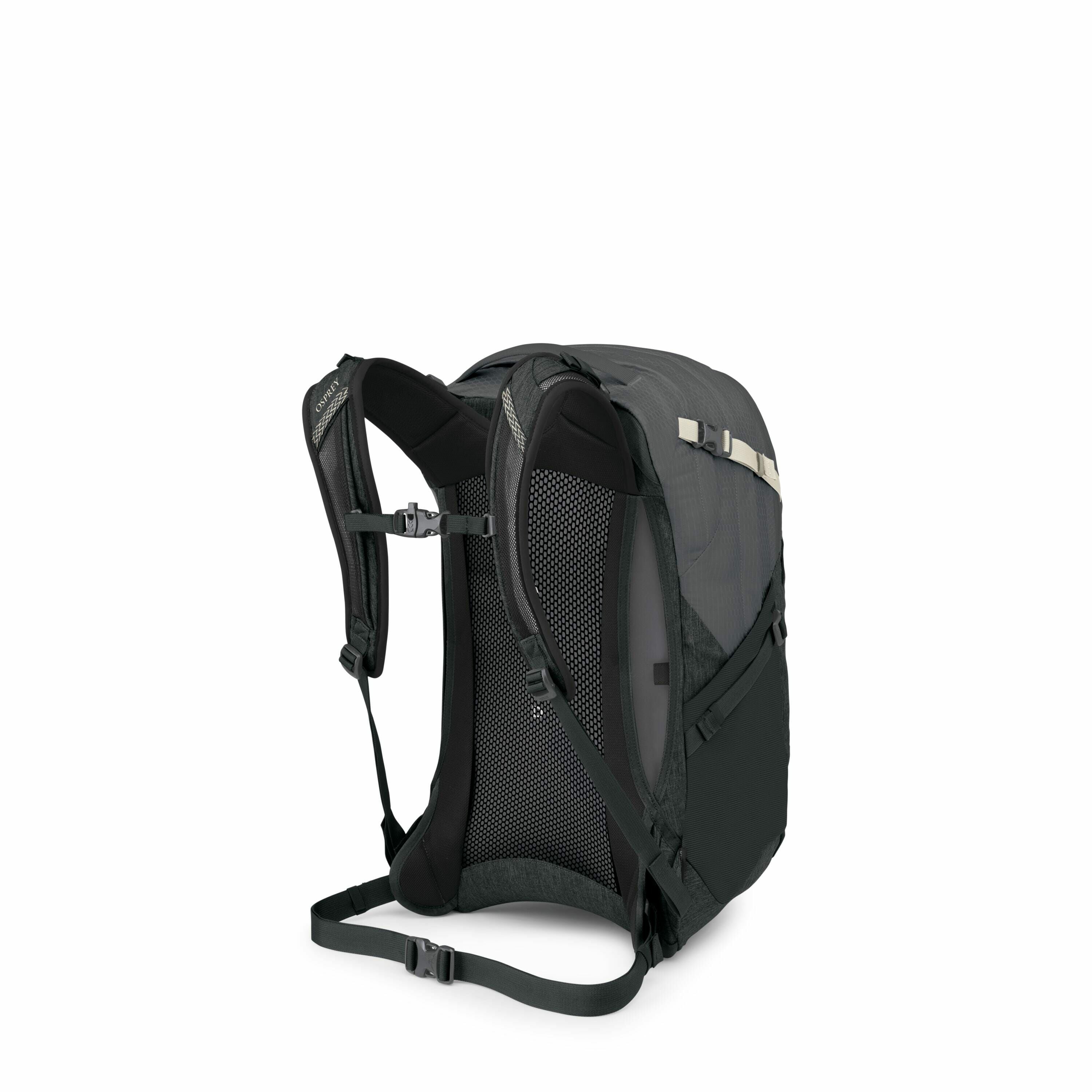 The image showcases a black backpack, designed with ergonomic shoulder straps and a supportive back panel for comfort during wear. The backpack features a mesh fabric along the back panel, likely for breathability, and includes adjustable straps at the sh