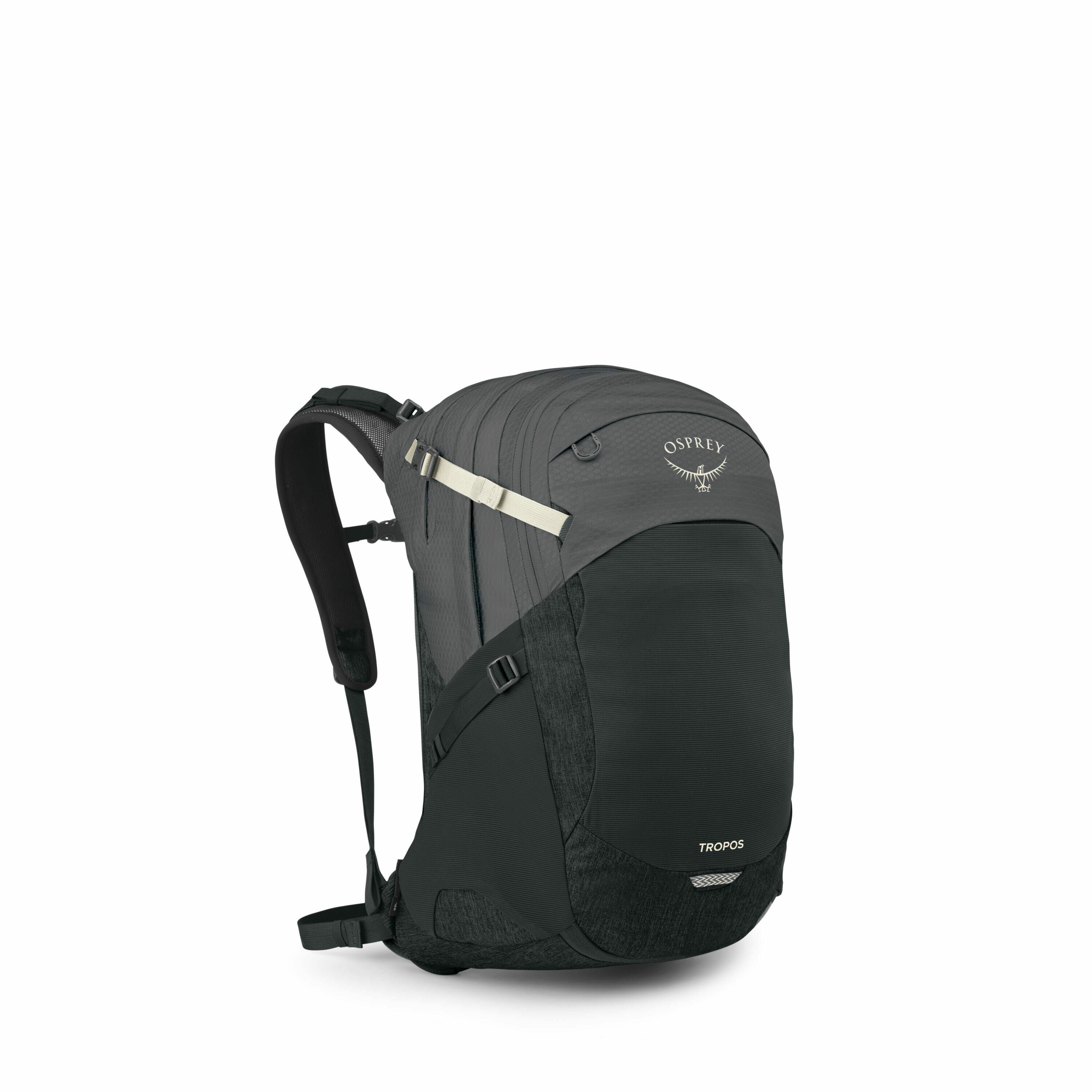 The images show an Osprey brand backpack named Tropos, designed with a sleek and modern aesthetic. The main color is a dark gray with subtle black accents, and it features the Osprey logo prominently displayed at the top. The backpack is equipped with com