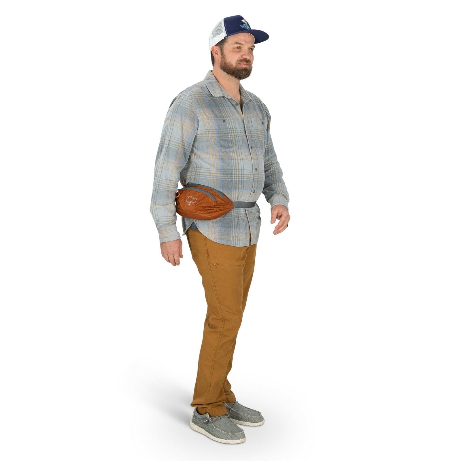 a person modeling the Ultralight Stuff Waist Pack in color toffeeorange
