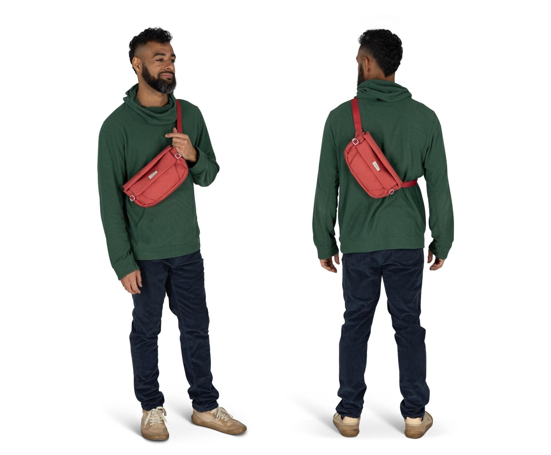 The image shows a man standing in a studio setting, captured from two angles: front and back. He is wearing a dark green hoodie paired with dark blue jeans and light brown sneakers. Across his body, he has a red crossbody bag, which hangs from his left sh