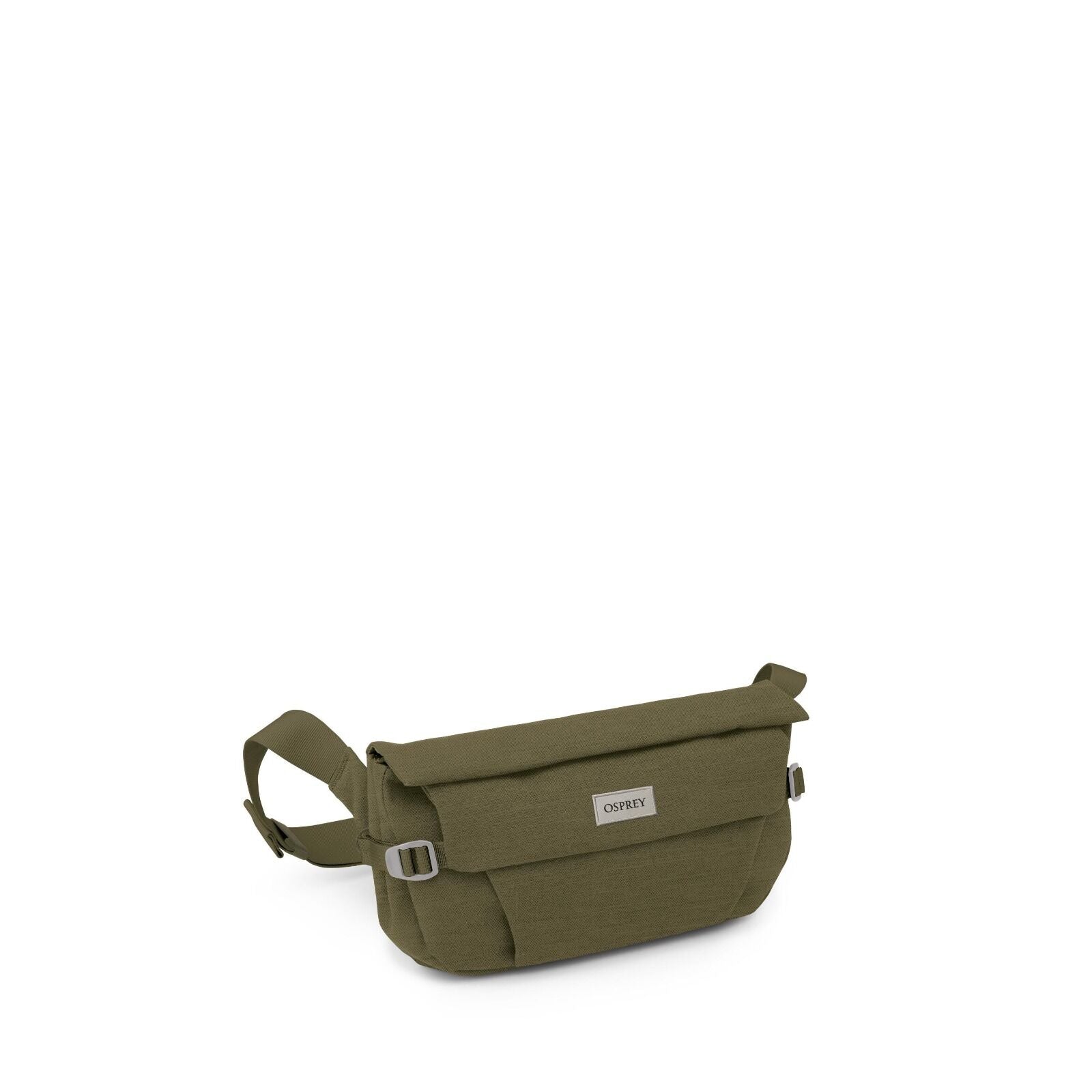 The image sequence depicts a green Osprey bag, specifically a waist pack or hip bag. The bag is seen in various stages of assembly, starting from a complete view, gradually moving to a disassembled state showing its components separately. The bag has a si