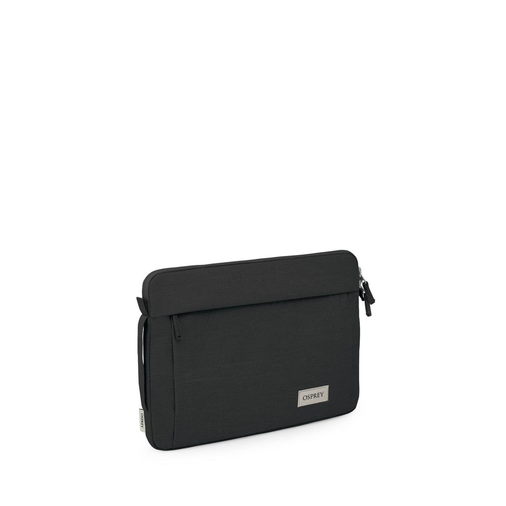 The image features a sleek, black laptop sleeve designed by the brand Osprey. The sleeve is minimalist in style, with a small rectangular logo badge on the front displaying the brand name. It appears to be made from a durable fabric, with a zipper at the