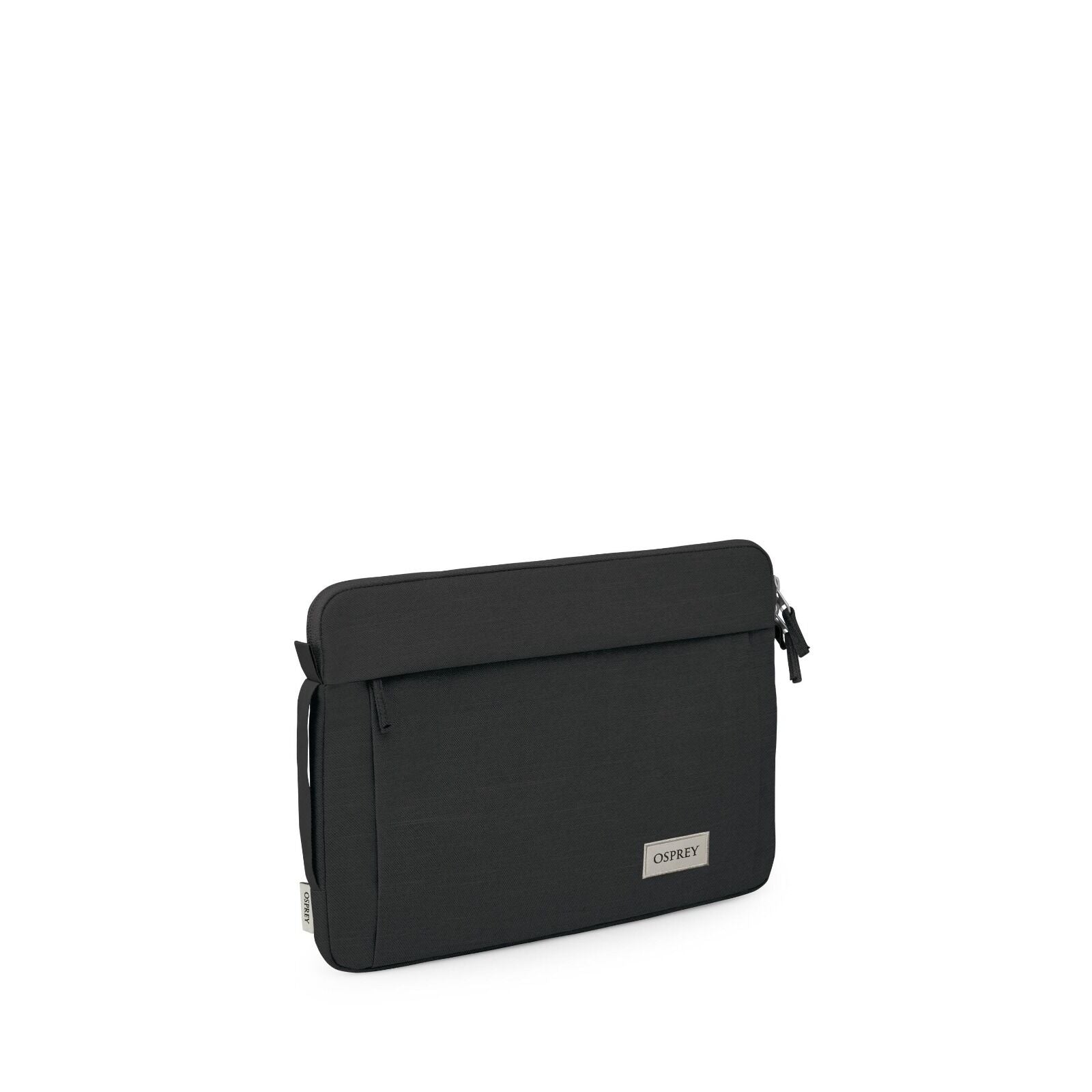 The image features a sleek, black laptop sleeve designed by the brand Osprey. The sleeve is minimalist in style, with a small rectangular logo badge on the front displaying the brand name. It appears to be made from a durable fabric, with a zipper at the