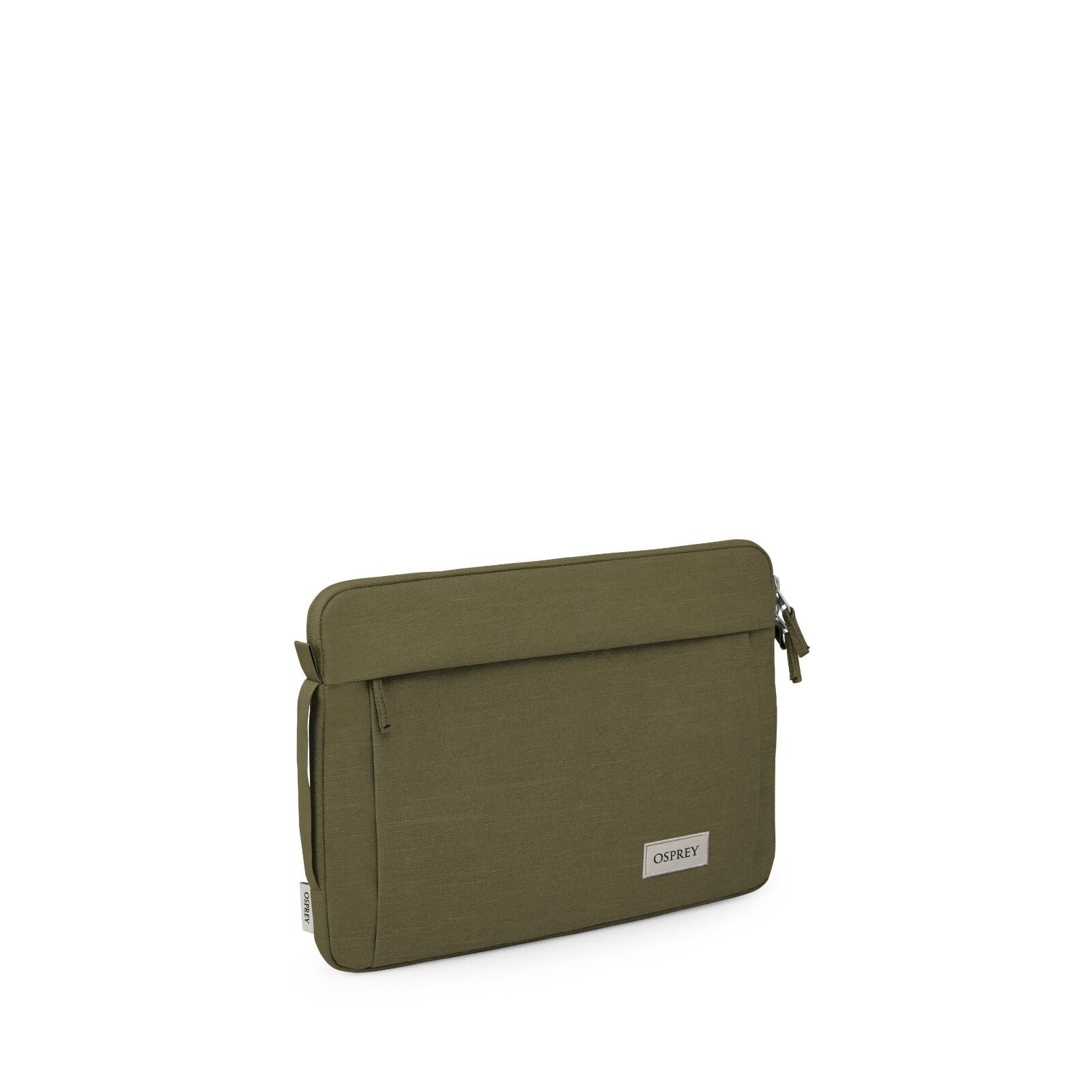 The images show a series of views of a green Osprey laptop sleeve, designed to protect and carry a laptop. The sleeve has a minimalist and sleek design with a zipper on top, and it appears to be made from durable material. A small label with the brand nam