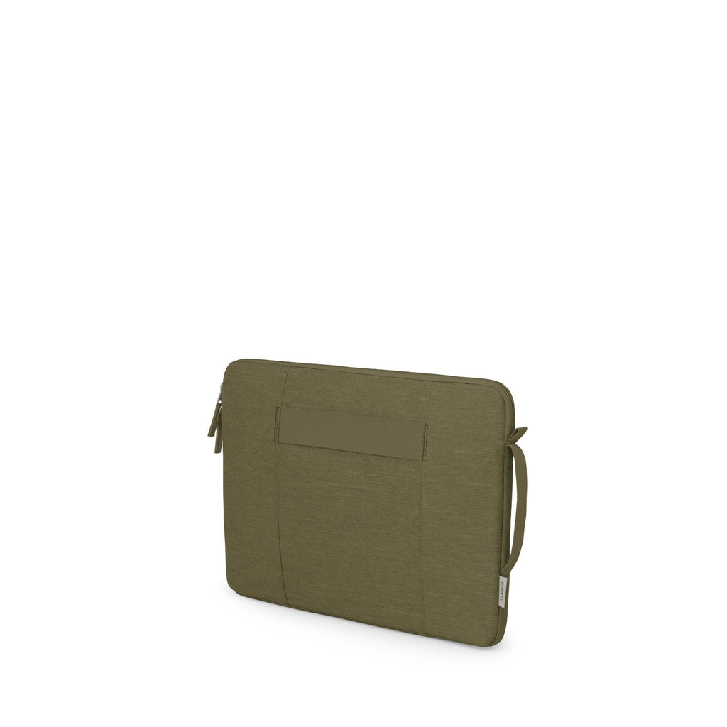 The images depict a green laptop sleeve from multiple angles, showing its various features. The sleeve is made of a smooth fabric and has a clean, minimalist design with a zippered closure along one edge. It features a convenient carrying handle on one si