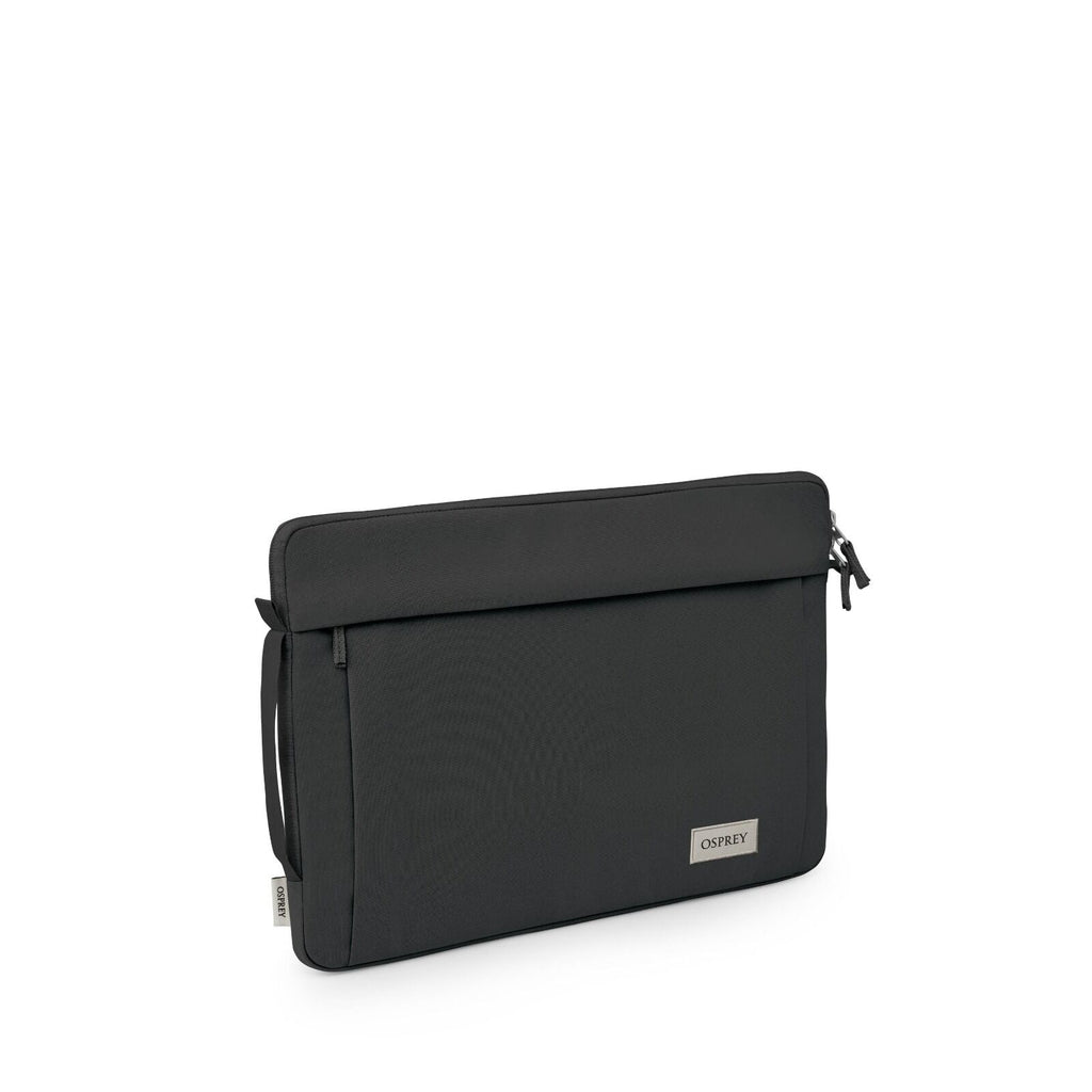 The images showcase a sleek and stylish laptop sleeve designed by Osprey. It is primarily black in color, with a smooth and minimalist design, featuring the Osprey logo on a metallic badge on the front. The sleeve is equipped with a zippered closure on on