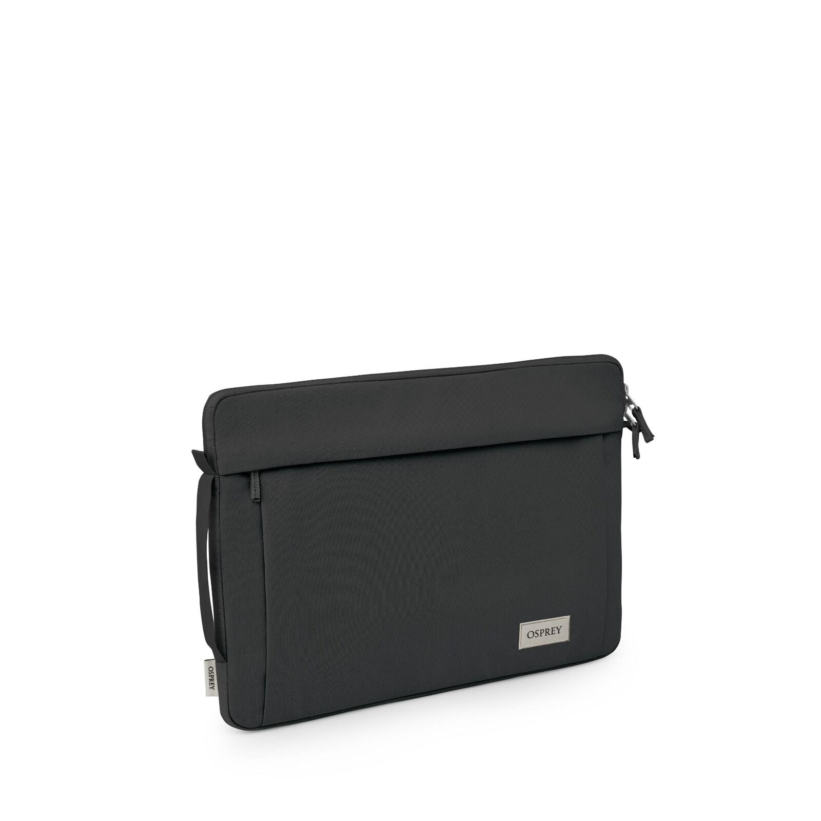 The images showcase a sleek and stylish laptop sleeve designed by Osprey. It is primarily black in color, with a smooth and minimalist design, featuring the Osprey logo on a metallic badge on the front. The sleeve is equipped with a zippered closure on on