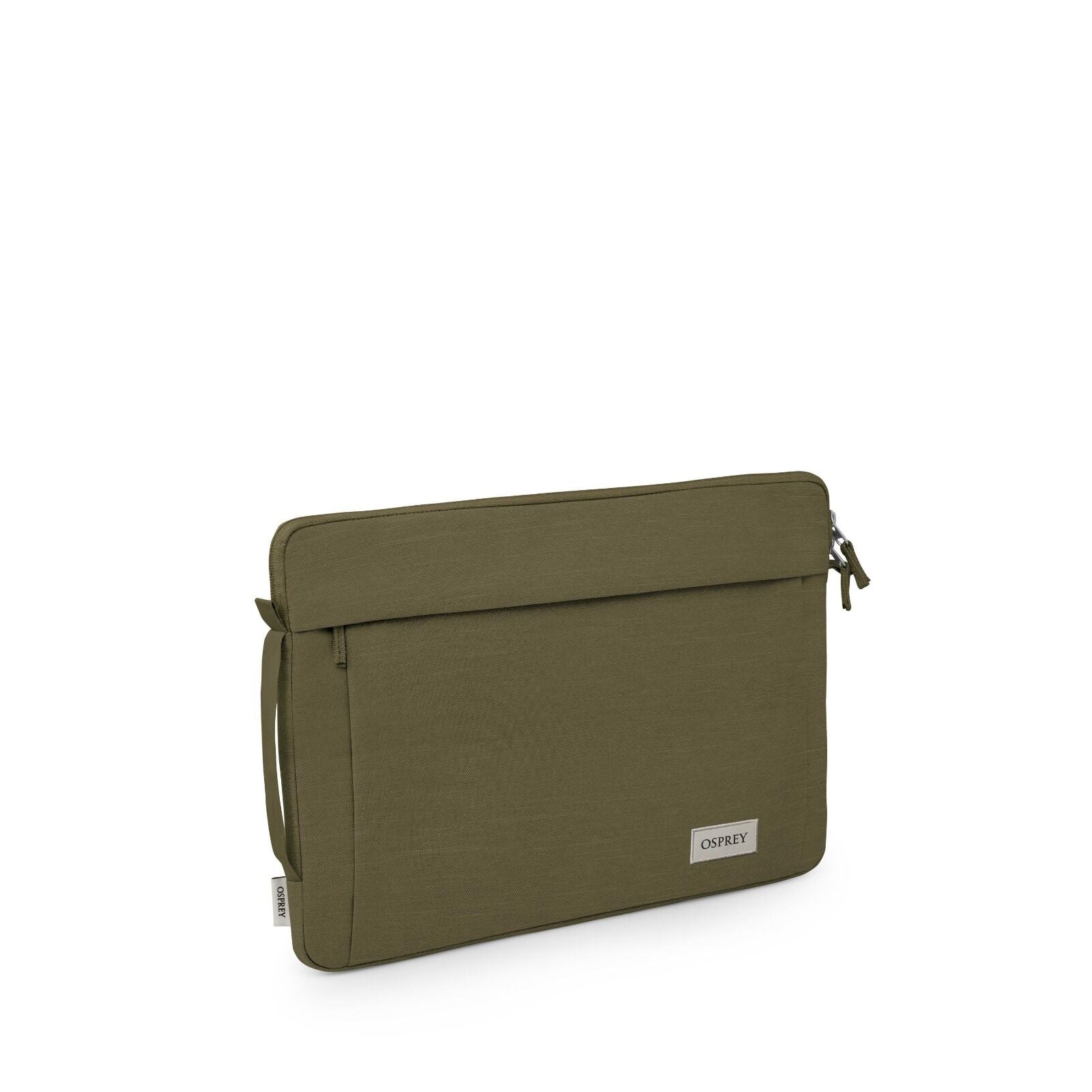 The image showcases a sleek, olive green laptop sleeve designed by Osprey. The sleeve features a minimalist design with a zipper closure on the top, providing easy access to the laptop stored within. On one side, there is a small fabric tag that indicates