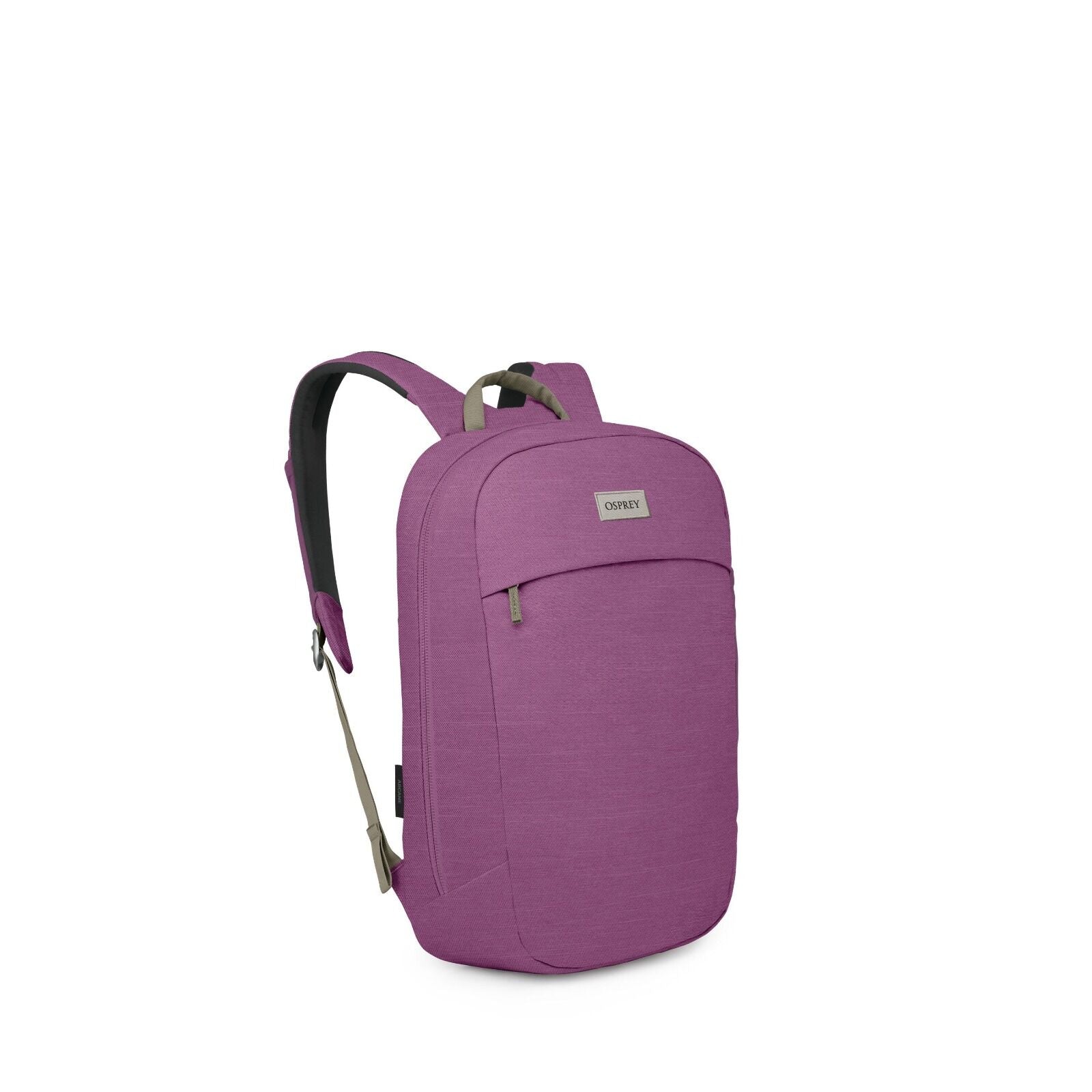 The images show a compact Osprey backpack in a vibrant purple color with olive-green accents. It has a clean, minimalist design with a front zip pocket, rounded top, and streamlined main compartment. The shoulder straps appear lightly padded with an olive