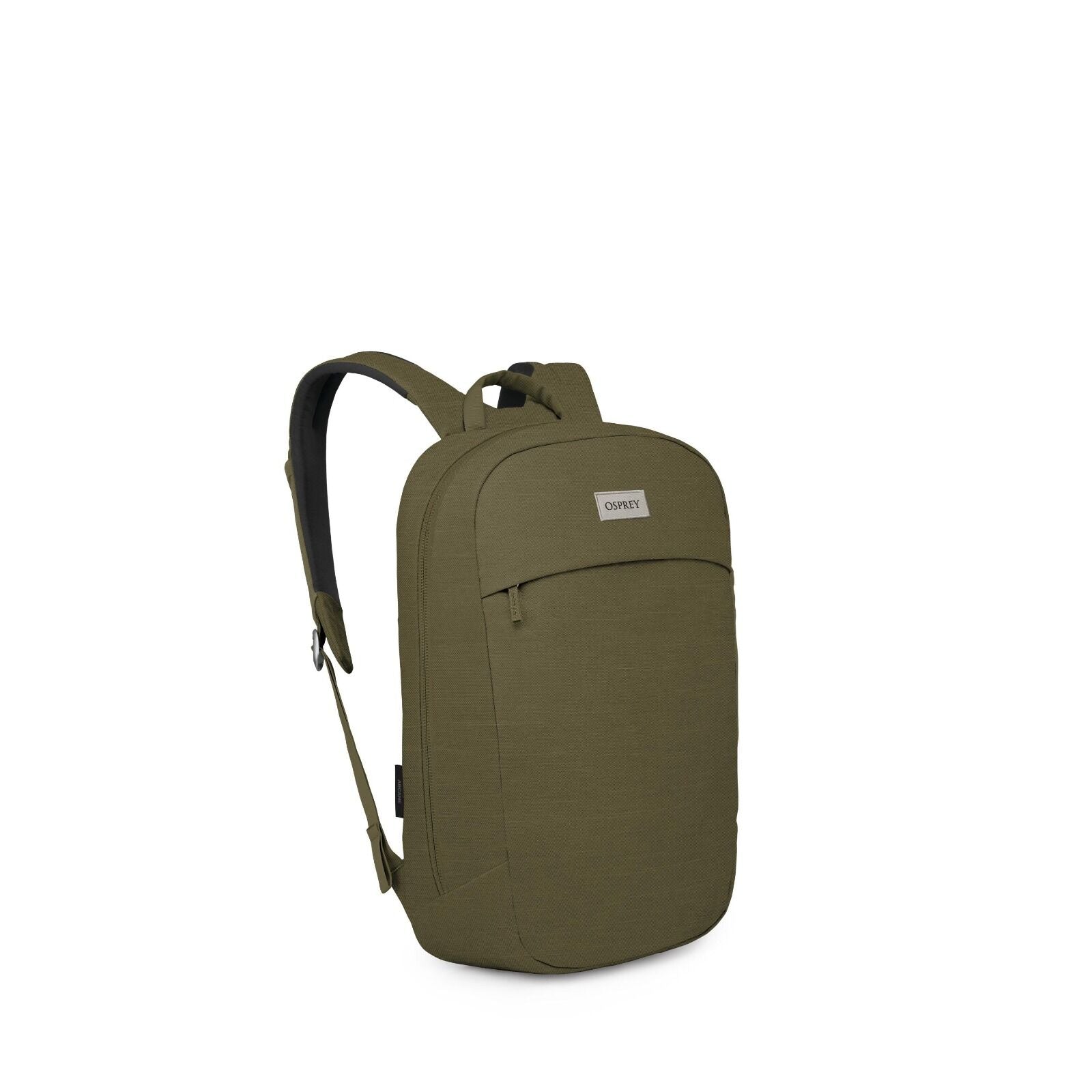 The image features a sleek, modern backpack designed for everyday use, labeled with the brand name "Osprey" on the front. It is shown in a deep olive green color with a simple yet stylish design. The backpack includes adjustable padded shoulder straps, a