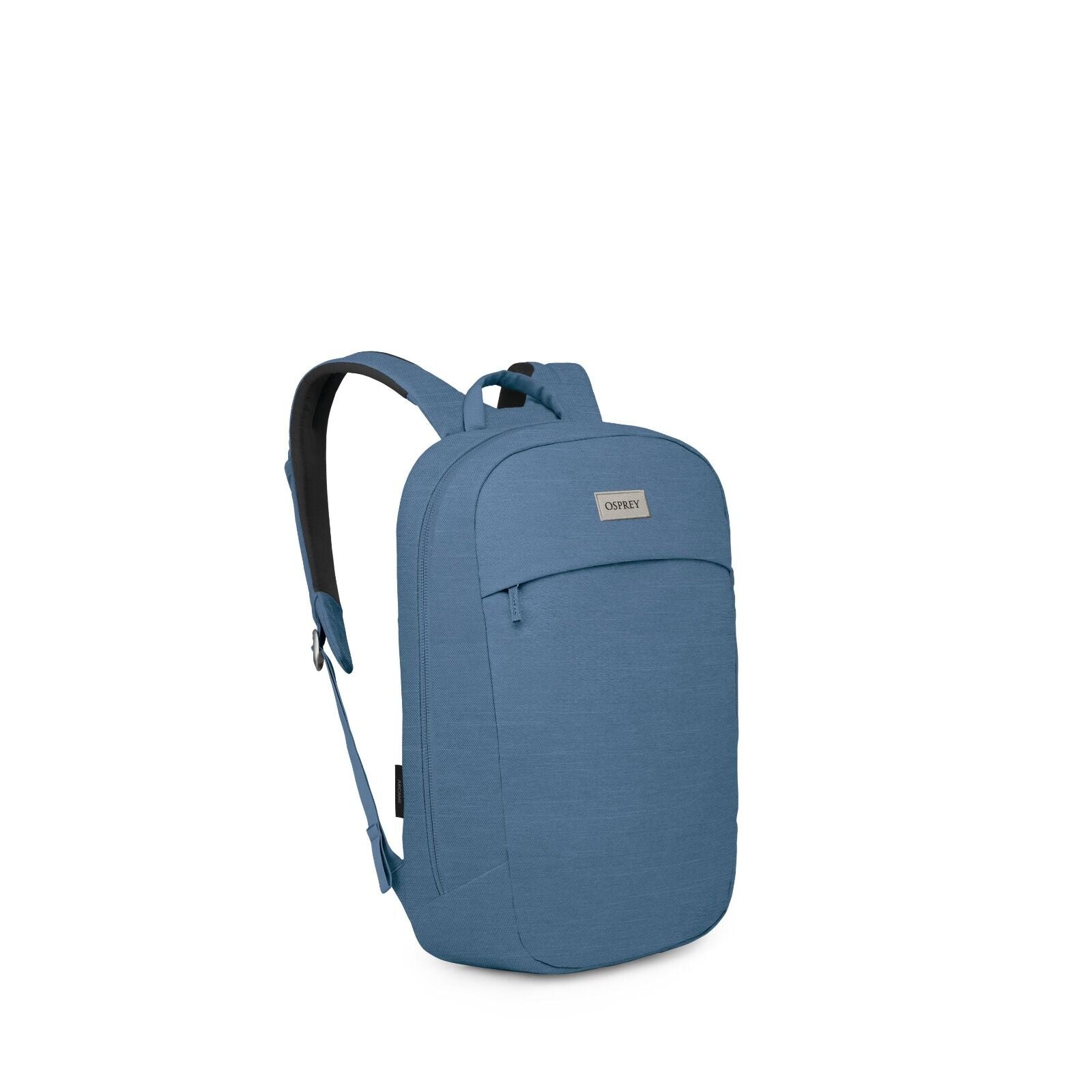 The image showcases a sleek and modern blue backpack from the brand Osprey. It is designed with a minimalistic and streamlined look, featuring a main compartment and a smaller front pocket for easy access. The backpack has a single shoulder strap visible,