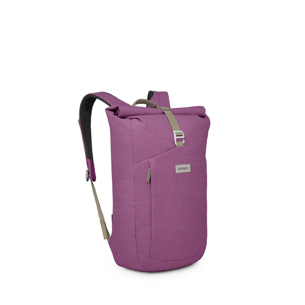 A sleek purple Osprey backpack is shown against a white background. It has a roll-top closure secured by a contrasting green strap and metal buckle. A front zip pocket sits on a panel with a small Osprey logo badge. The shoulder straps are padded, with gr