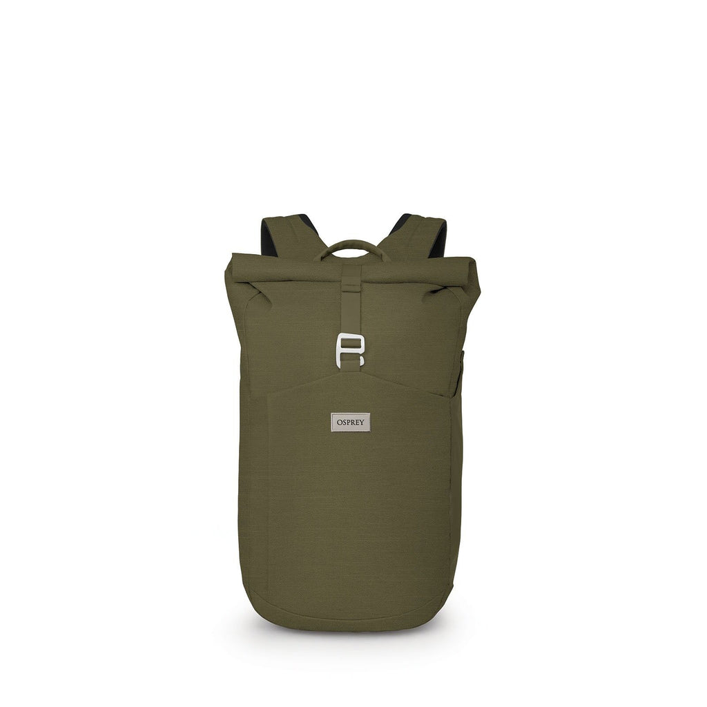 Front image of the Arcane Roll top pack in the color Moss Green Heather