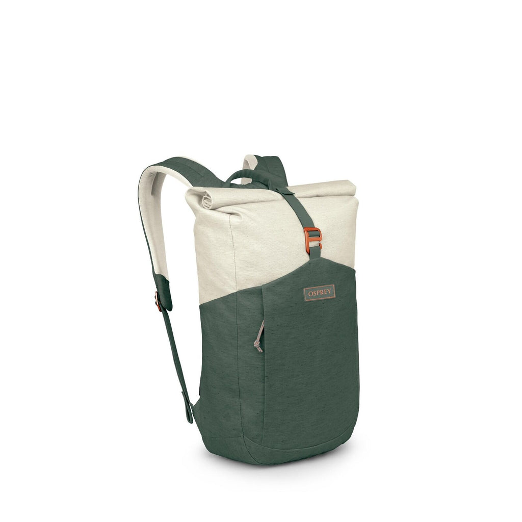 The images show a green and cream Osprey roll-top backpack from different angles and separated into components. The main body is dark green with a lighter cream upper section, secured by a strap with an orange buckle. There's a small vertical zipper pocke