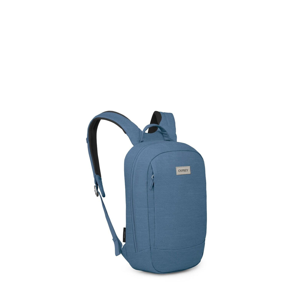 The images show a sleek blue backpack from multiple angles, prominently featuring the Osprey brand logo. The backpack is designed with a minimalist and modern style, featuring a streamlined silhouette and subtle detailing. It has adjustable padded shoulde