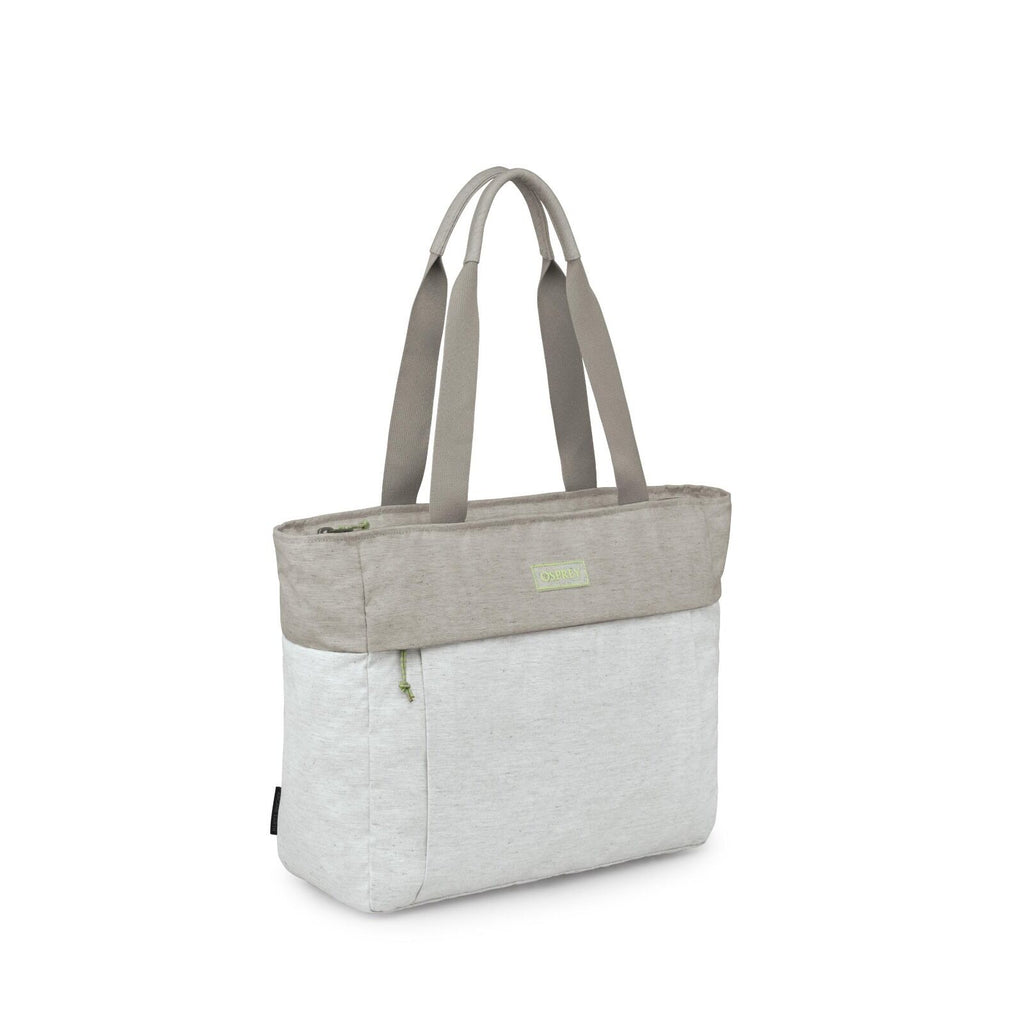 The image displays a tote bag with a simple, two-tone design. The upper portion of the bag is in a light taupe color, while the lower section is a soft gray. The bag features two sturdy handles for carrying and has a green zipper on the top for closure. T
