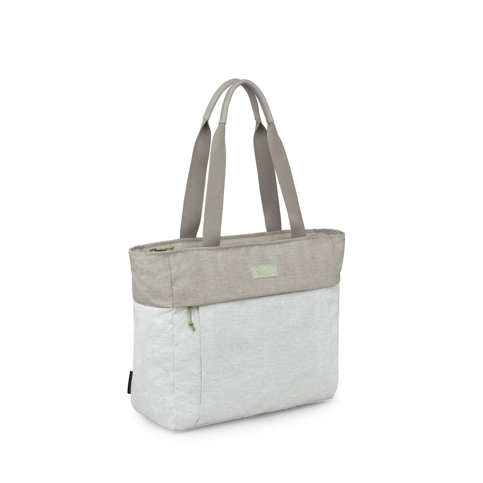 The image displays a tote bag with a simple, two-tone design. The upper portion of the bag is in a light taupe color, while the lower section is a soft gray. The bag features two sturdy handles for carrying and has a green zipper on the top for closure. T