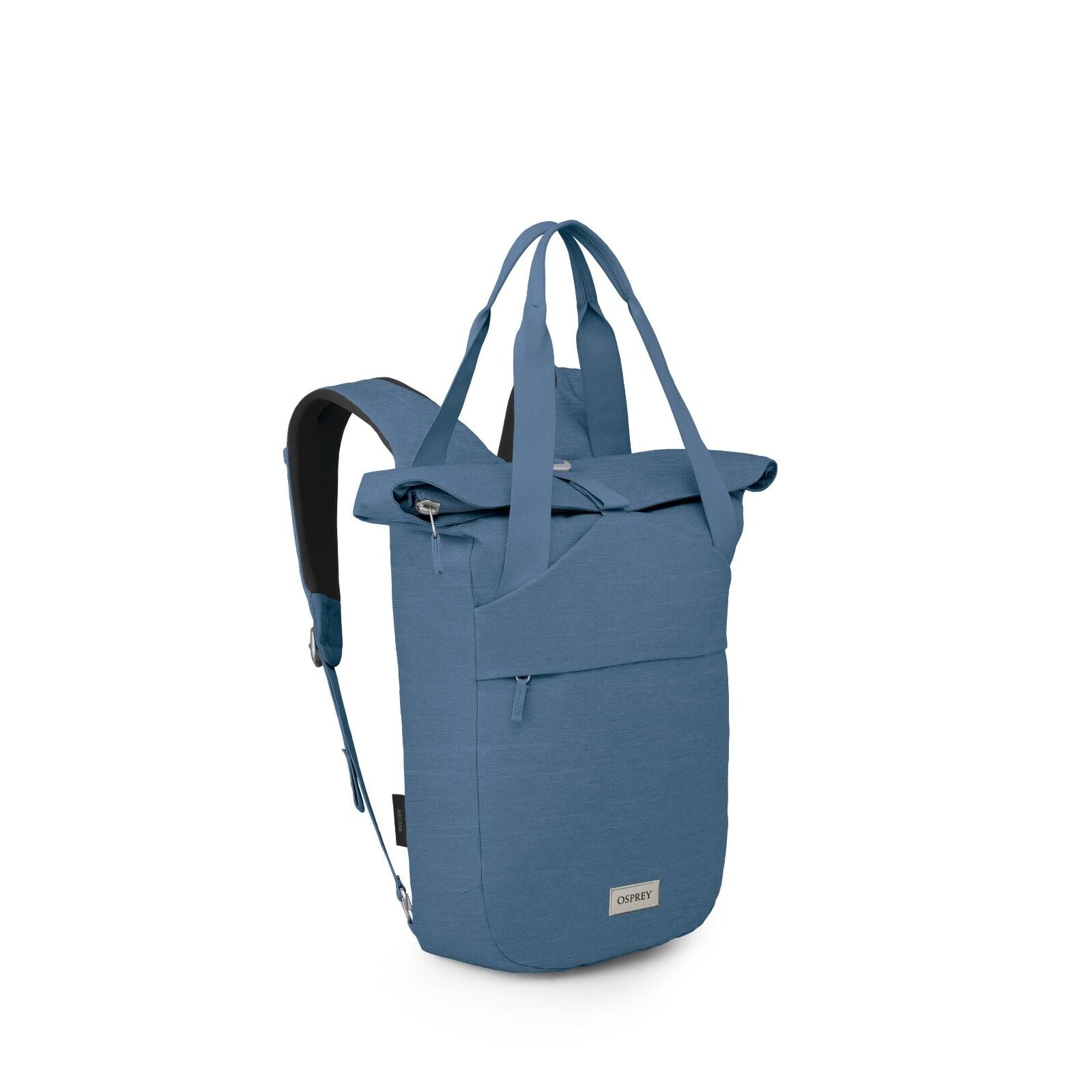 The image shows a stylish backpack from the brand Osprey. It is a medium-sized bag with a unique design featuring both shoulder straps and tote-style handles, allowing for versatile carrying options. The backpack is a muted blue color and has a sleek, mod