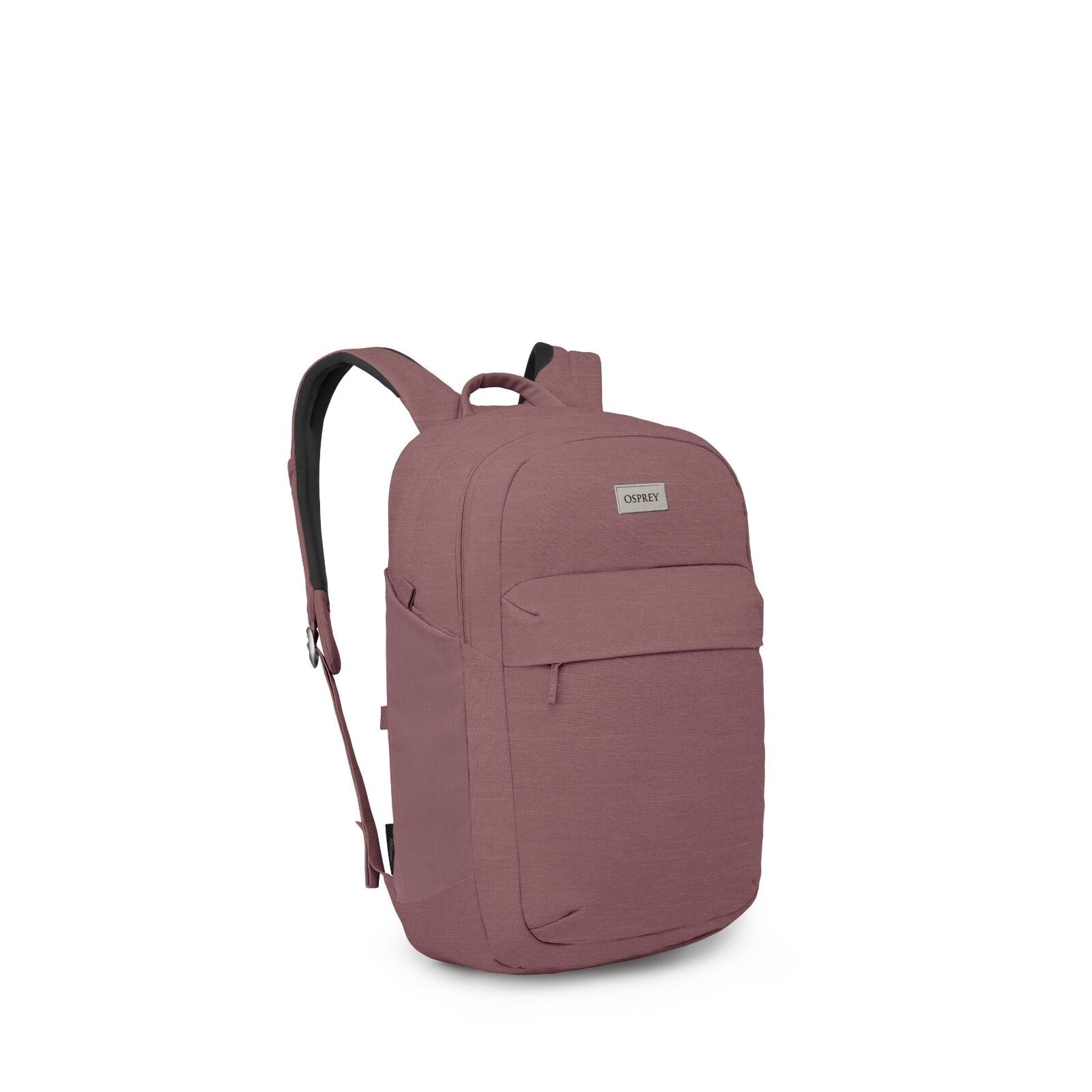 The images depict a series of different views and components of a backpack by Osprey. The backpack is a muted mauve color and features a streamlined design with padded straps and a top handle for carrying. It has a front zipper pocket and a visible brand