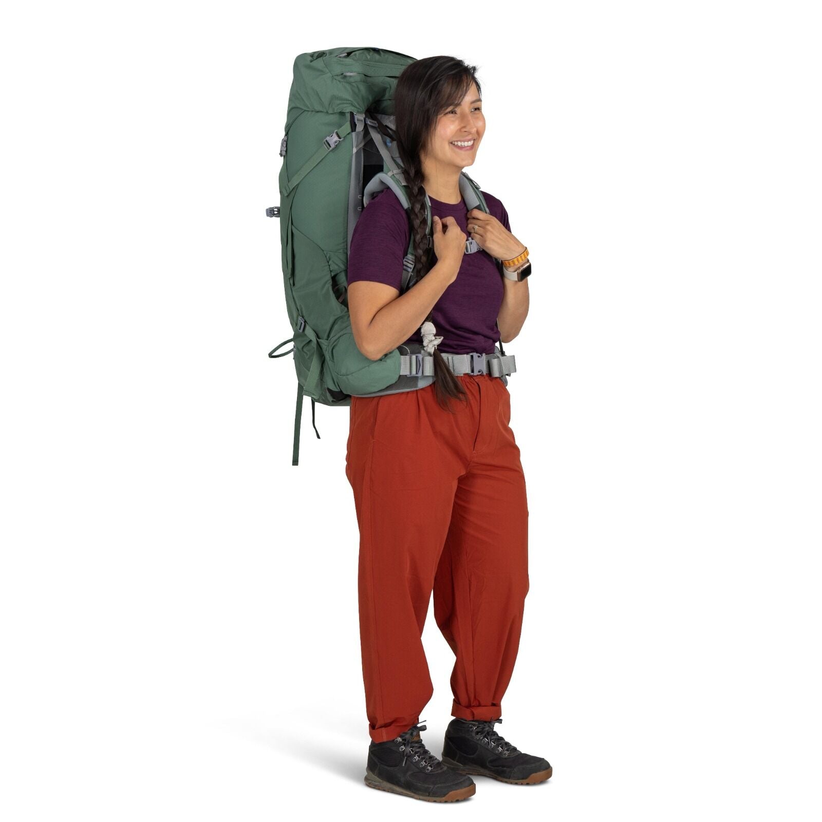 a person modeling the ARIEL 55 in color Koseret Green