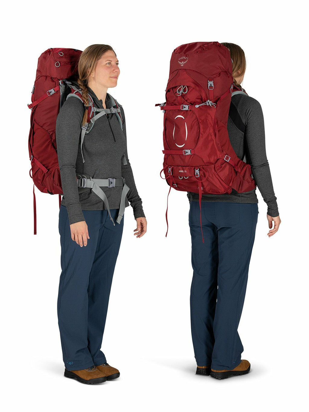 a person modeling the ARIEL 55 in color claretred