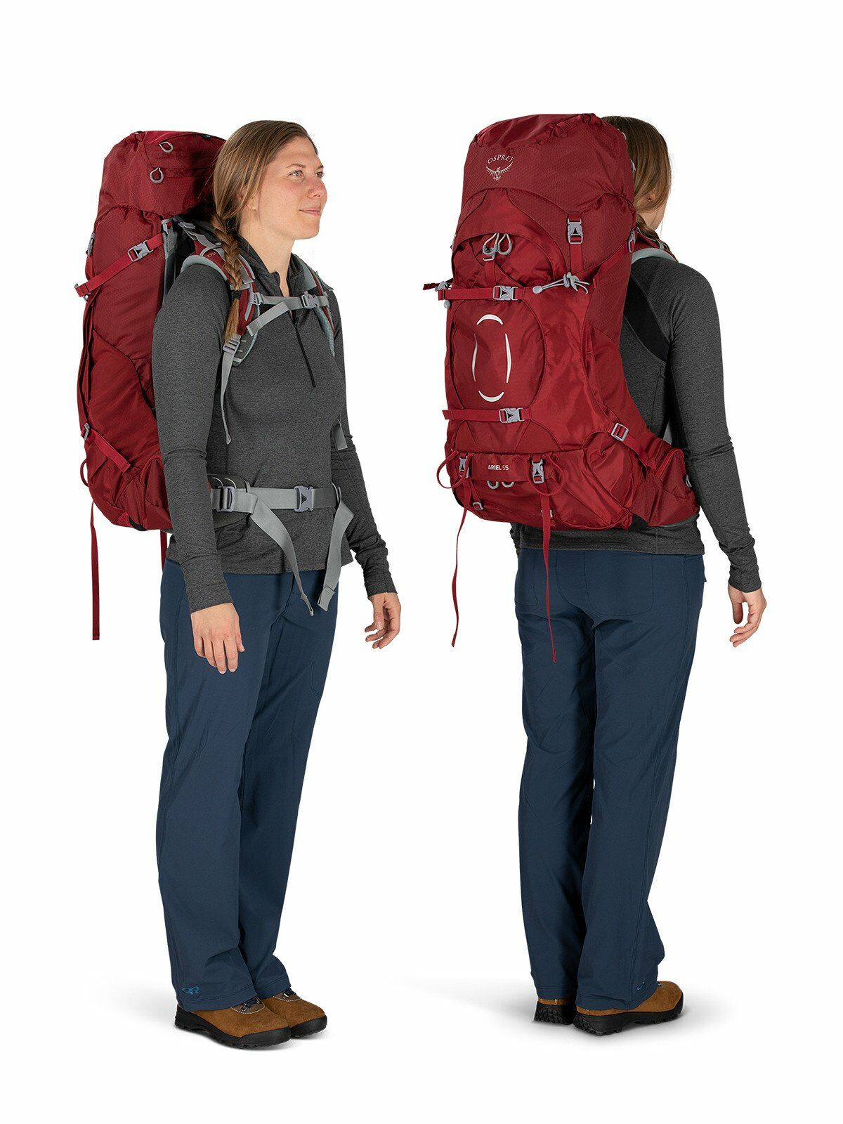 a person modeling the ARIEL 55 in color claretred