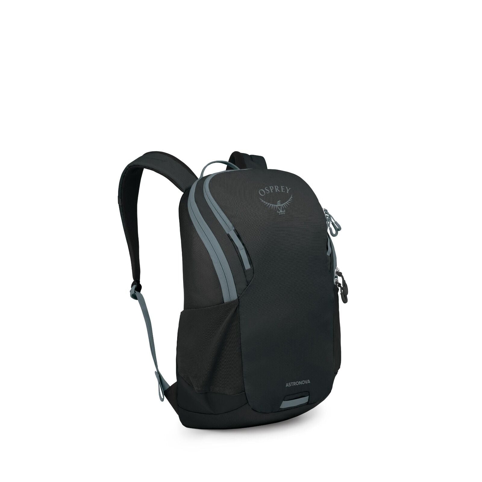 The image features a sleek and modern backpack designed by Osprey. The backpack is primarily black with accents of dark teal on the zippers and straps, giving it a contemporary look. It has a streamlined silhouette with two main compartments, one larger a