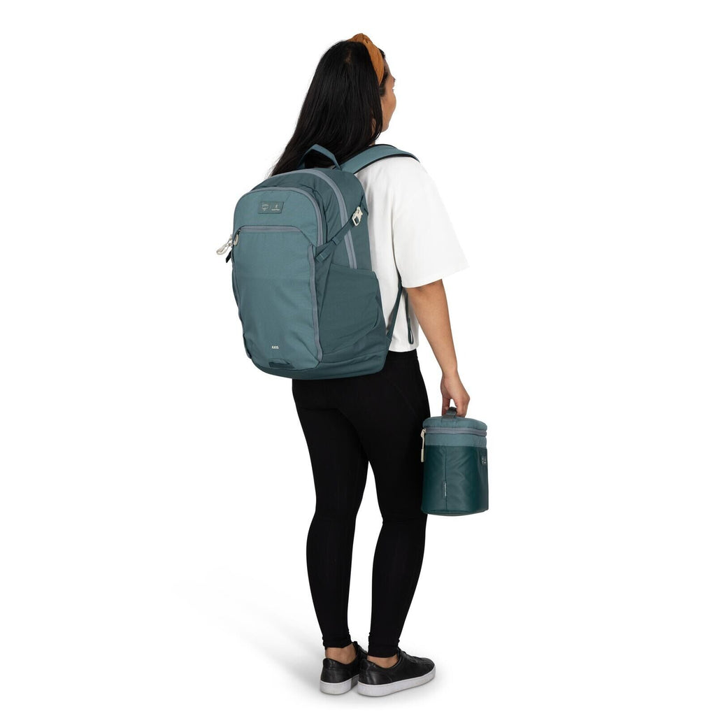 Image of model wearing the Osprey Hydro Flask Axis Lunch Bag in the color Cascade Blue-Torrent Blue
