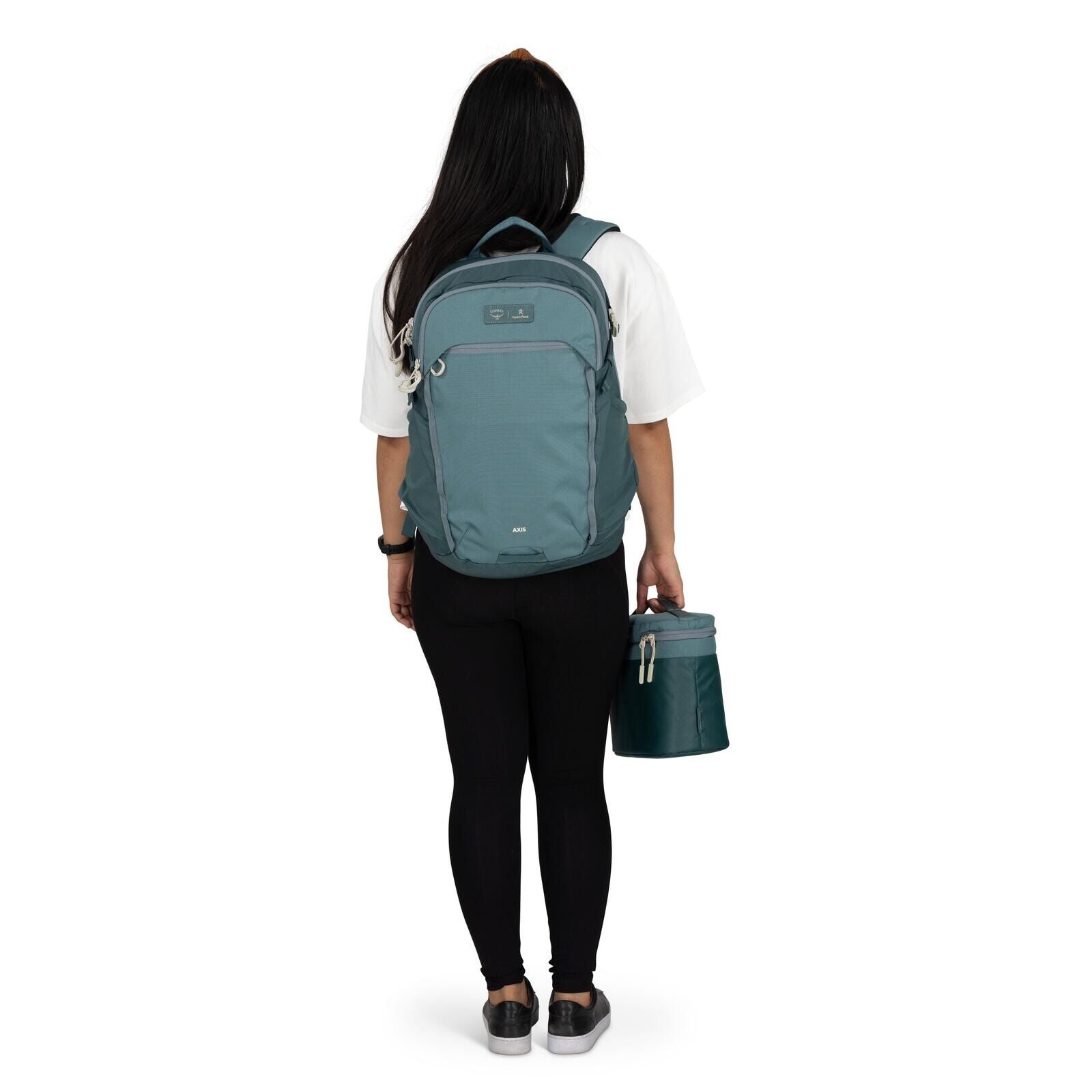 Image of model wearing the Osprey Hydro Flask Axis Lunch Bag in the color Cascade Blue-Torrent Blue